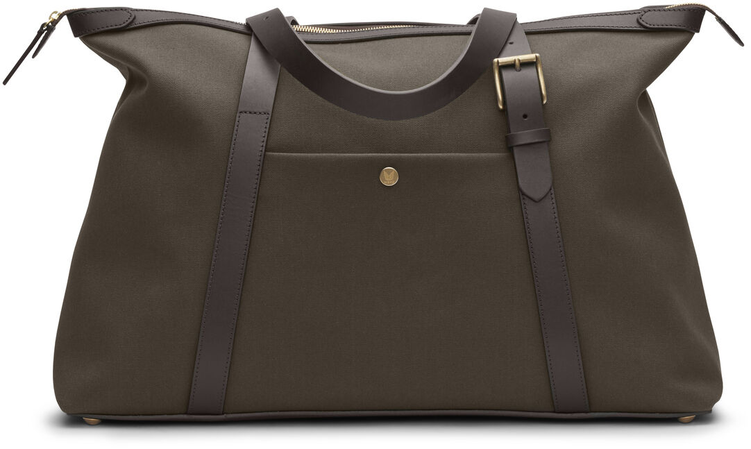 Reisetasche HOLDALL in den Farben Oliv und Braun. Die Tasche ist robust und stilvoll gestaltet mit einem Reißverschluss und Lederriemen.