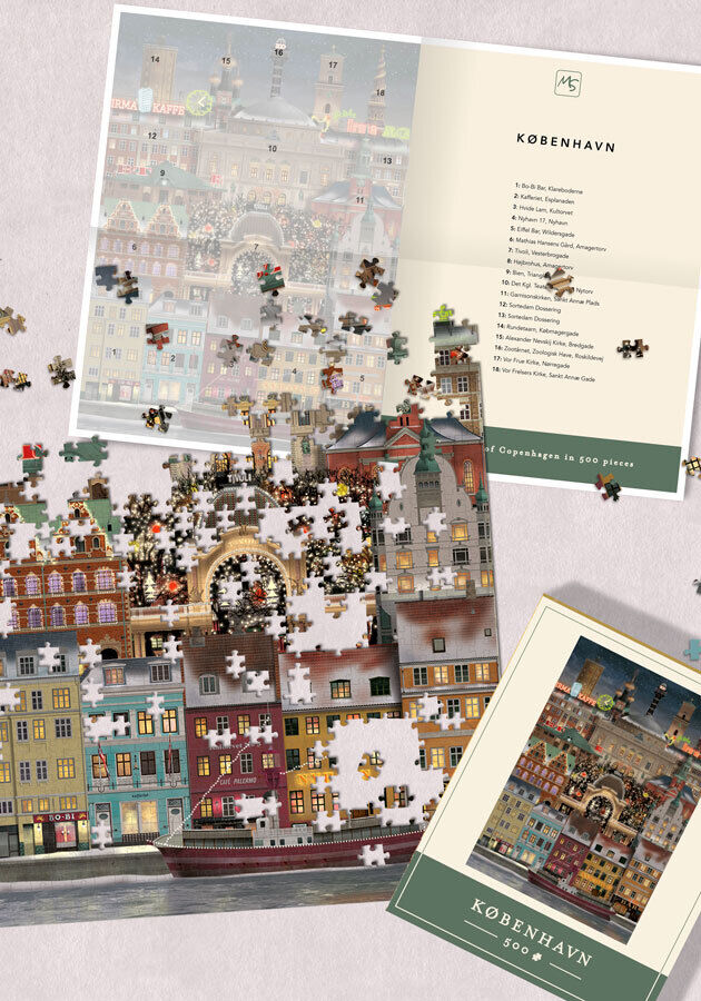 Ein Puzzle mit dem Titel »Weihnachten in Kopenhagen«. Das Bild zeigt eine malerische Stadtlandschaft von Kopenhagen im Winter mit festlicher Dekoration und beleuchteten Gebäuden. Es enthält zahlreiche Puzzlestücke und gibt ein Gefühl von Gemütlichkeit und städtischem Winterzauber. Die Verpackung des Puzzles ist ebenfalls abgebildet.