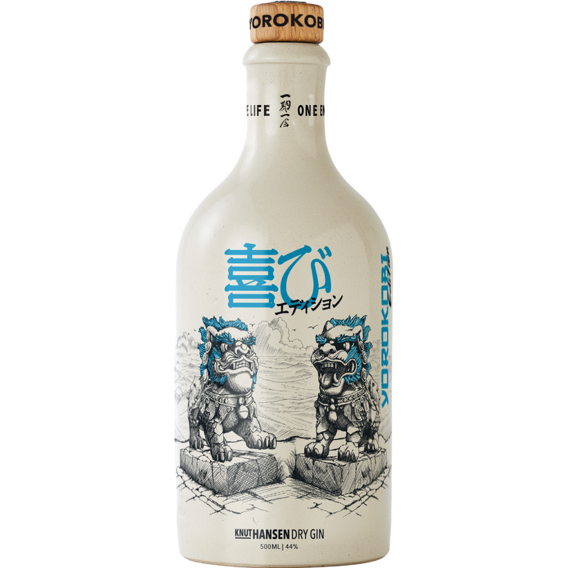 Knut Hansen Gin YOROKOBI Sonderedition – Keramikflasche mit japanischen Schriftzeichen und Löwenhunde-Illustration