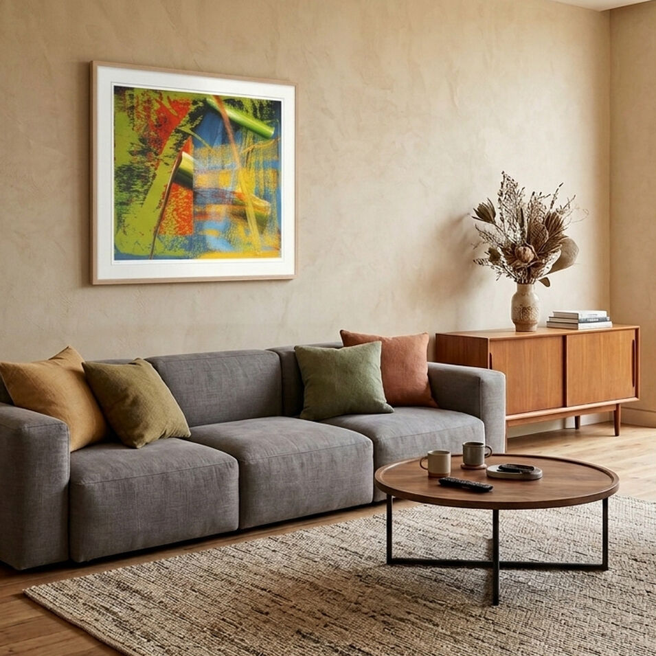 Modern eingerichtetes Wohnzimmer mit beigem Teppich, grauem Sofa und Kissen in Naturtönen. An der Wand hängt Gerhard Richters Kunstdruck »Abstraktes Bild«, 1984 in lebhaften Gelb-, Grün-, Blau- und Rottönen. Holz-Niedrigschrank mit Vase und Trockenblumen, Couchtisch davor.