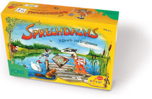 Foto einer bunten Brettspielschachtel mit dem Titel 'Sprechdachs'. Die Schachtel zeigt illustrativ Tiere, darunter einen Dachs, an einem Teich in landschaftlicher Umgebung. Die Farben sind überwiegend gelb, grün und blau. Die Verpackung deutet auf ein Sprach- und Erzählspiel für Kinder und Familien hin.