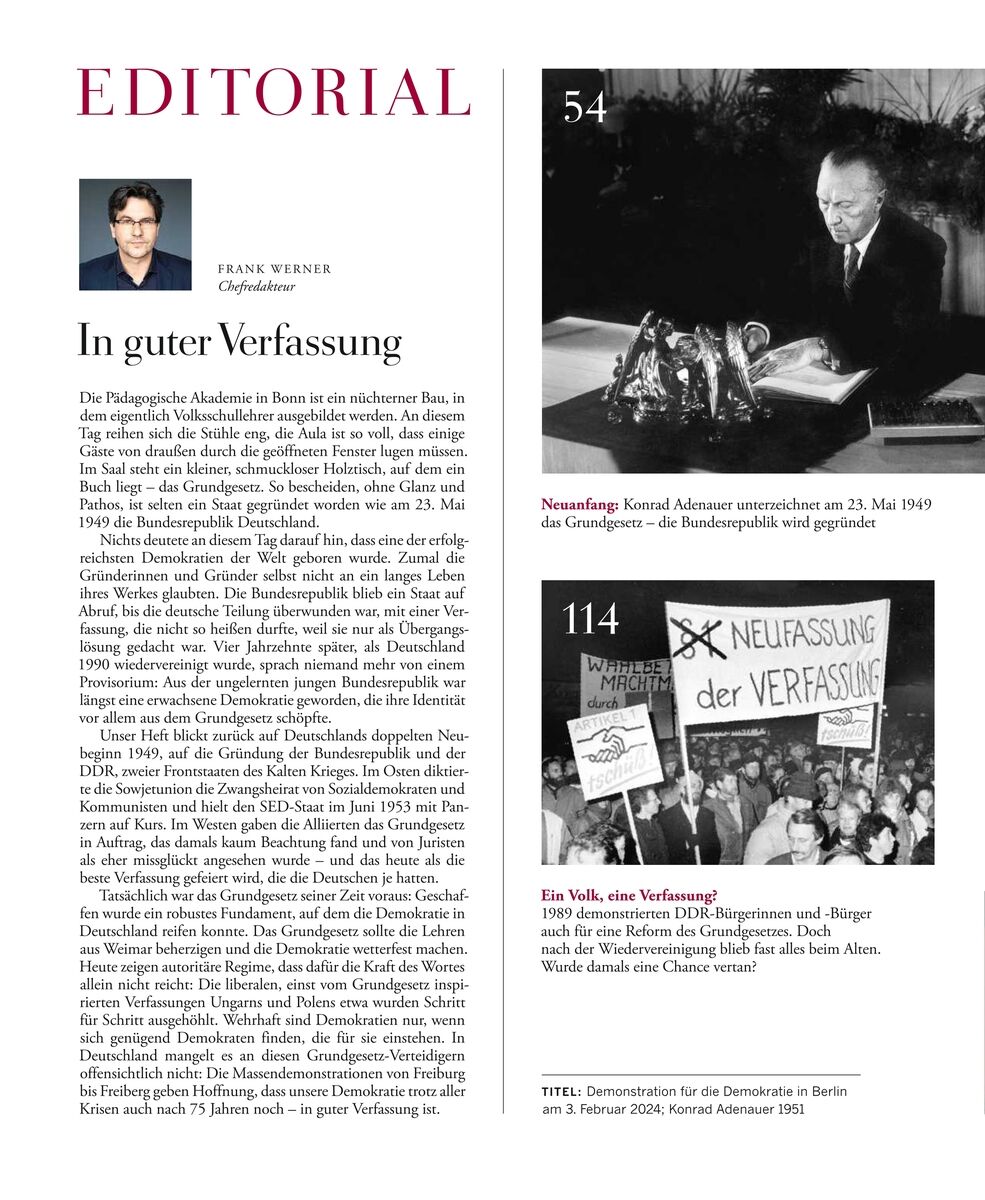 Magazin-Doppelseite „EDITORIAL“ mit Porträt von Frank Werner und dem Titel „In guter Verfassung“. Links steht ein längerer Text. Rechts zwei schwarzweiße historische Fotos: Konrad Adenauer am Tisch vor Mikrofonen, darunter eine Demonstration mit Plakat „Neufassung der Verfassung“.