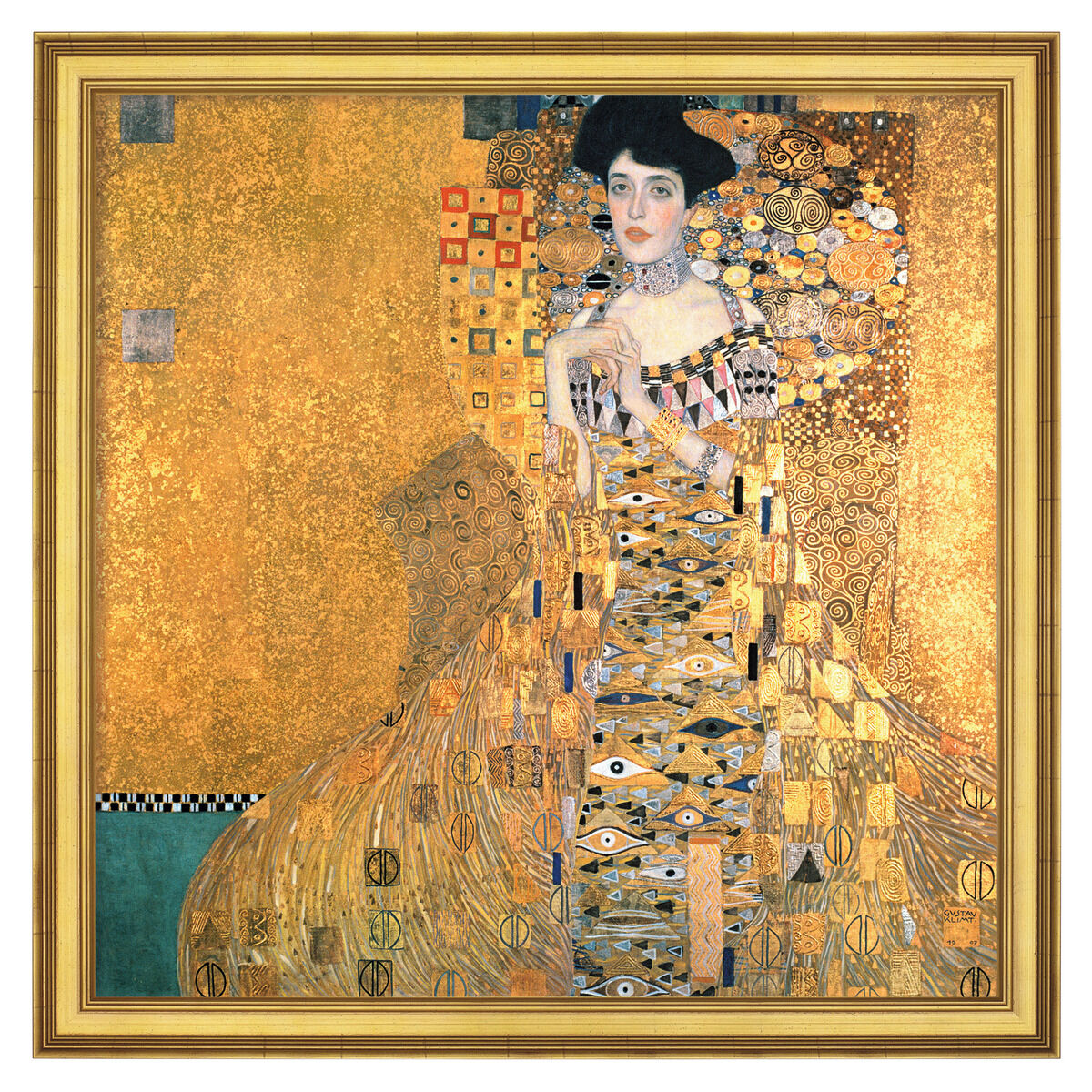 Gustav Klimts Gemälde »Adele Bloch-Bauer I« von 1907 zeigt eine elegant gekleidete Frau, umgeben von aufwändigen und reich verzierten Goldmustern. Das Porträt ist in einem goldenen Rahmen gefasst.