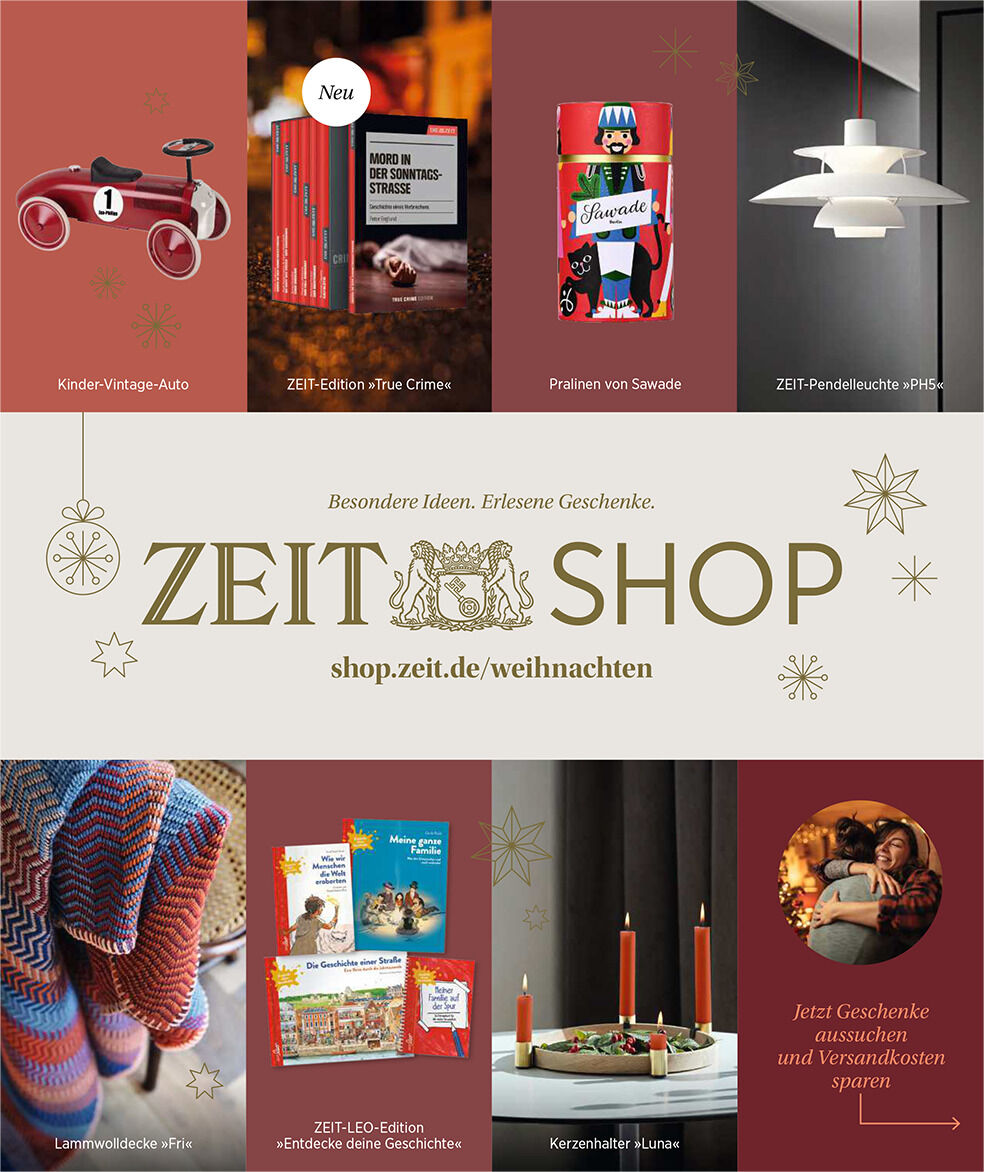 Deckblatt des Katalogs 'Weihnachten 2/2024' vom Zeit Shop mit verschiedenen Geschenkideen. Zu sehen sind ein Kinder-Vintage-Auto, Bücher, Pralinen, eine Pendelleuchte, Strickwaren und Deko-Gegenstände, alles in festlichen Farben wie Rot, Gold und Weiß.