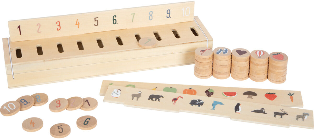 Eine hölzerne Sortierbox namens »Weltentdecker«, die aus Holzplättchen mit Bildern und Zahlen besteht, um Kindern bei der Erkundung von Zahlen und natürlichen Motiven zu helfen.