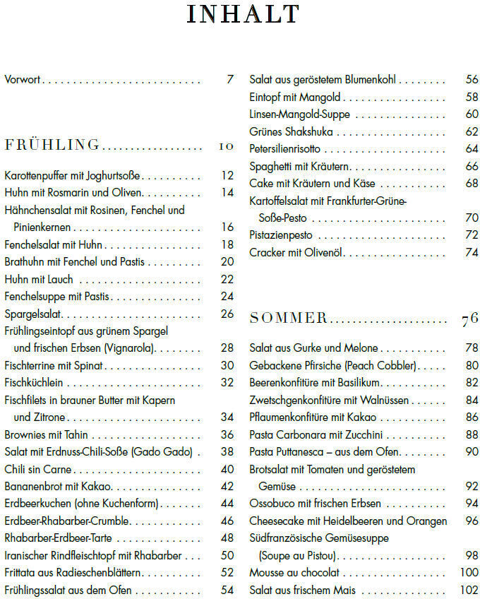 Inhaltsverzeichnis des Kochbuchs »Lieblingsgerichte vom Wochenmarkt«, unterteilt in die Jahreszeiten Frühling und Sommer. Es listet verschiedene Gerichte wie Salate, Suppen, Fleisch- und Fischgerichte auf. Das Layout ist klar und übersichtlich mit grünem Text auf weißem Hintergrund.
