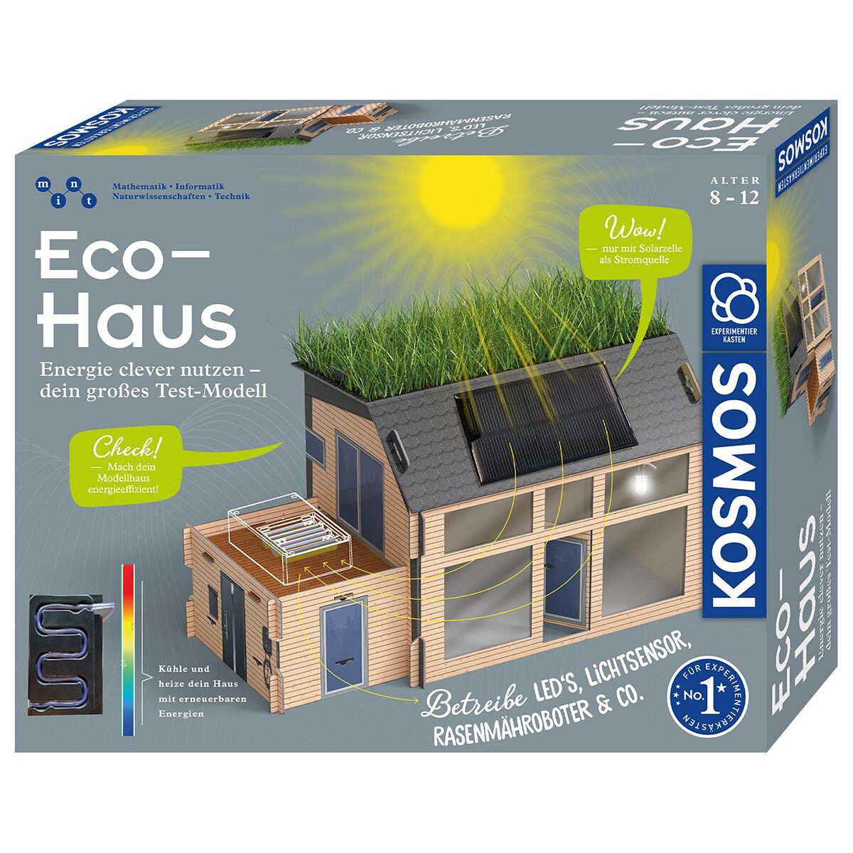 Abbildung eines Experimentierkastens namens Eco-Haus von Kosmos. Das Set zeigt ein modernes Modellhaus mit Gründach, Solarpaneelen und verschiedenen technischen Komponenten wie LED-Leuchten und Lichtsensoren. Die Verpackung informiert über die Nutzung erneuerbarer Energien und eignet sich als pädagogisches Spielzeug für Kinder zwischen 8 und 12 Jahren.