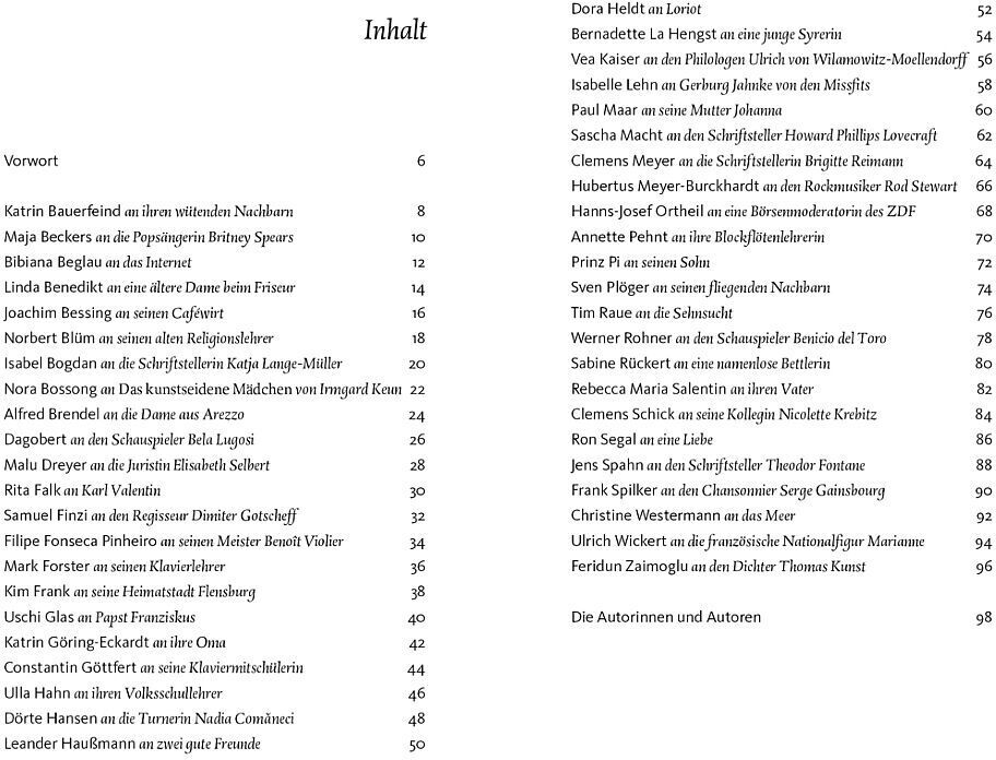 Das Bild zeigt den Inhalt eines Buches mit dem Titel 'Seither denk ich dauernd an Dich - Besondere Liebesbriefe'. Es enthält eine Liste von Kapiteln und Seitenzahlen.