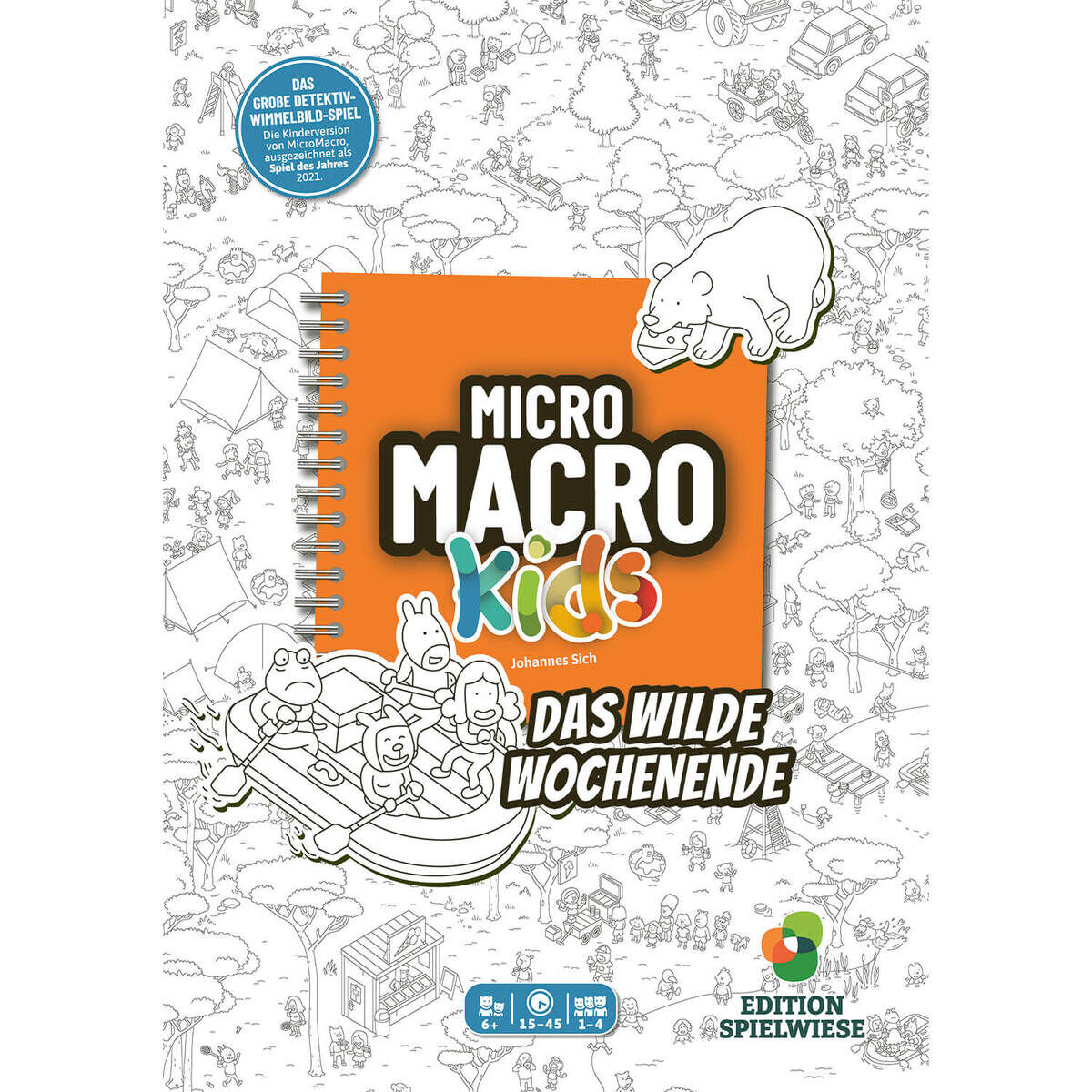 Auf dem Spielcover von „MicroMacro KIDS – Das wilde Wochenende“ sind comichafte Tiere beim Bootfahren zu sehen, ein weißer Bär oben rechts und viele gezeichnete Szenen im Hintergrund. Das Titelbild ist orange hinterlegt. Edition Spielwiese und Altersangabe unten.