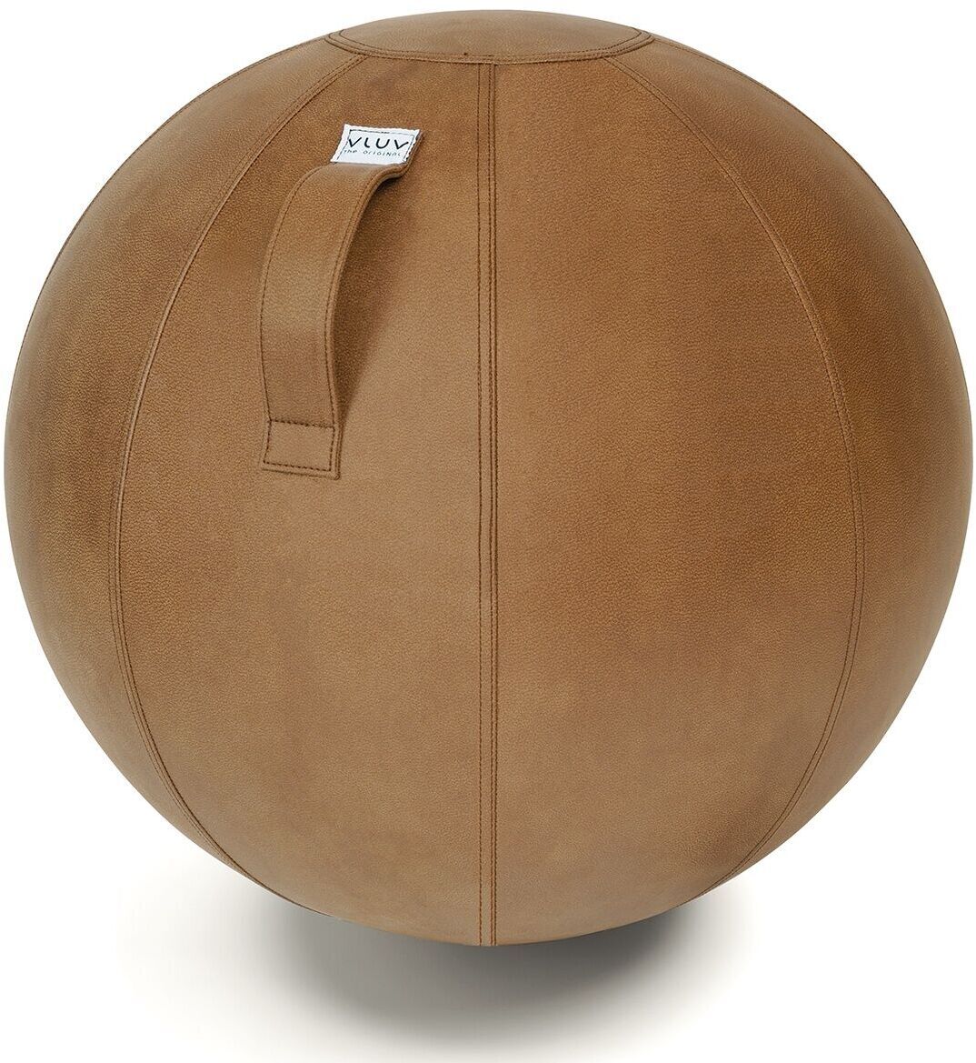 Ein ergonomischer Sitzball namens Vluv Veel in brauner Lederoptik mit einem Griff auf der Oberseite. Der Ball ist modern und stylisch, ideal für Büro- und Heimgebrauch zur Unterstützung einer gesunden Sitzhaltung.