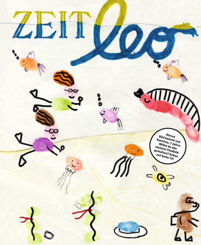 Titelbild der Zeitschrift ZEIT Leo 5/22 zeigt eine bunte, verspielte Illustration mit verschiedenen Kindergrafiken, Tieren und Formen. Der Text 'Komm mit auf die Insel und lös einen Detektiv-Fall!' ist hervorgehoben.
