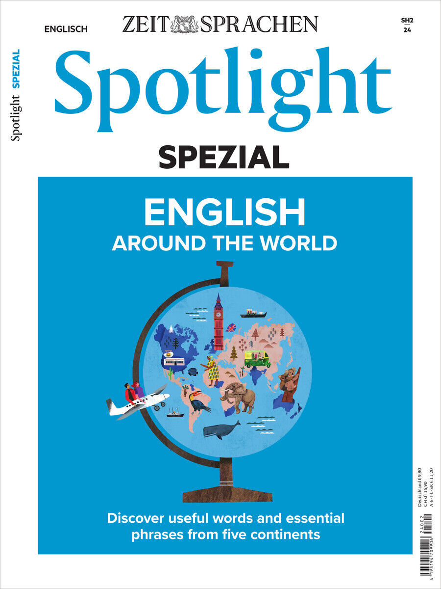 Cover der 'Spotlight Magazin 12/2024 Sonderausgabe' mit einem blauen Hintergrund und einer illustrierten Weltkarte. Aufschrift 'English Around the World' und Bilder von verschiedenen Ländern und Kulturen.