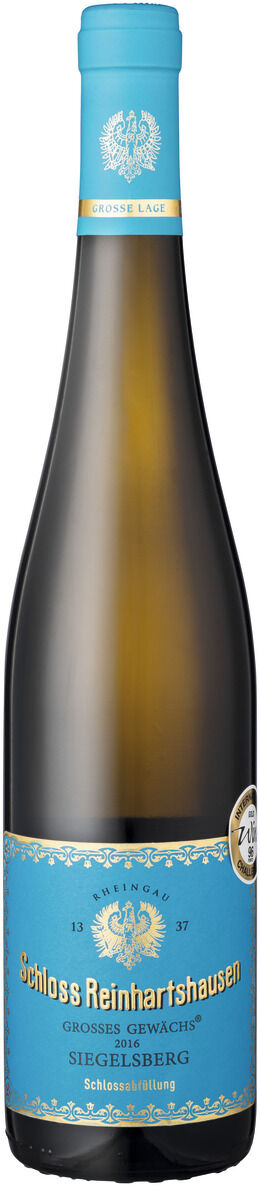 Eine Flasche ZEIT-Weinedition »Rheingau« Weißwein vom Weingut Schloss Reinhartshausen. Die Flasche zeigt ein blaues, golden verziertes Etikett.