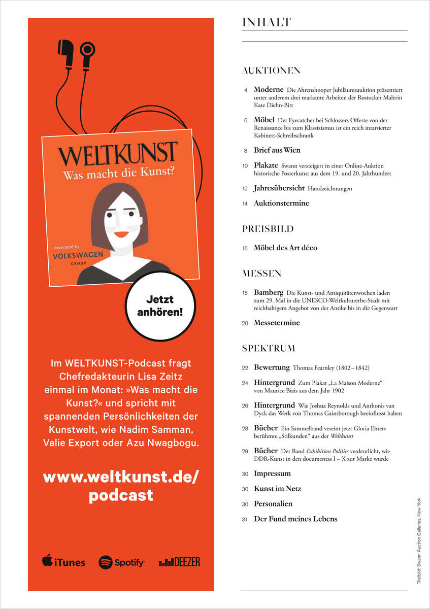 Cover der Zeitschrift 'KUNST UND AUKTIONEN 12/24' mit rotem Hintergrund und weißer Schrift. Ein Rundbild informiert über einen Podcast der Zeitschrift, unterstützt von Volkswagen. Auflistung der Inhalte: Auktionen, Profile, Museen und Spektrum. Logos von iTunes, SoundCloud, Deezer.