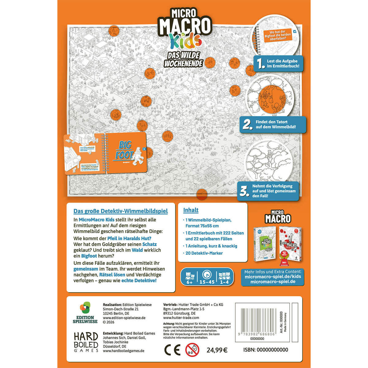 Rückseite der Spielschachtel von „MicoMacro KIDS – Das wilde Wochenende“. Oben großer Wimmelbildausschnitt, darunter Anleitung in drei Schritten, Infokasten zum Spiel, Logos von Edition Spielwiese und Hutter Trade, Preis, Barcode und Herstellerdaten.