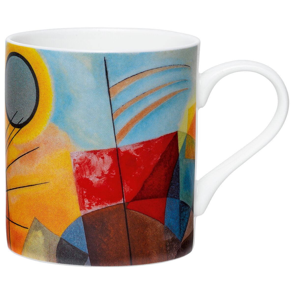 Porzellantasse der Marke Ars mundi mit farbenfrohem Kunstdruck von Wassily Kandinsky: Abstrakte Formen in Gelb, Rot, Blau und Schwarz dominieren das Design. Die glatte weiße Tasse hat einen geschwungenen Henkel und einen modernen, künstlerischen Look.