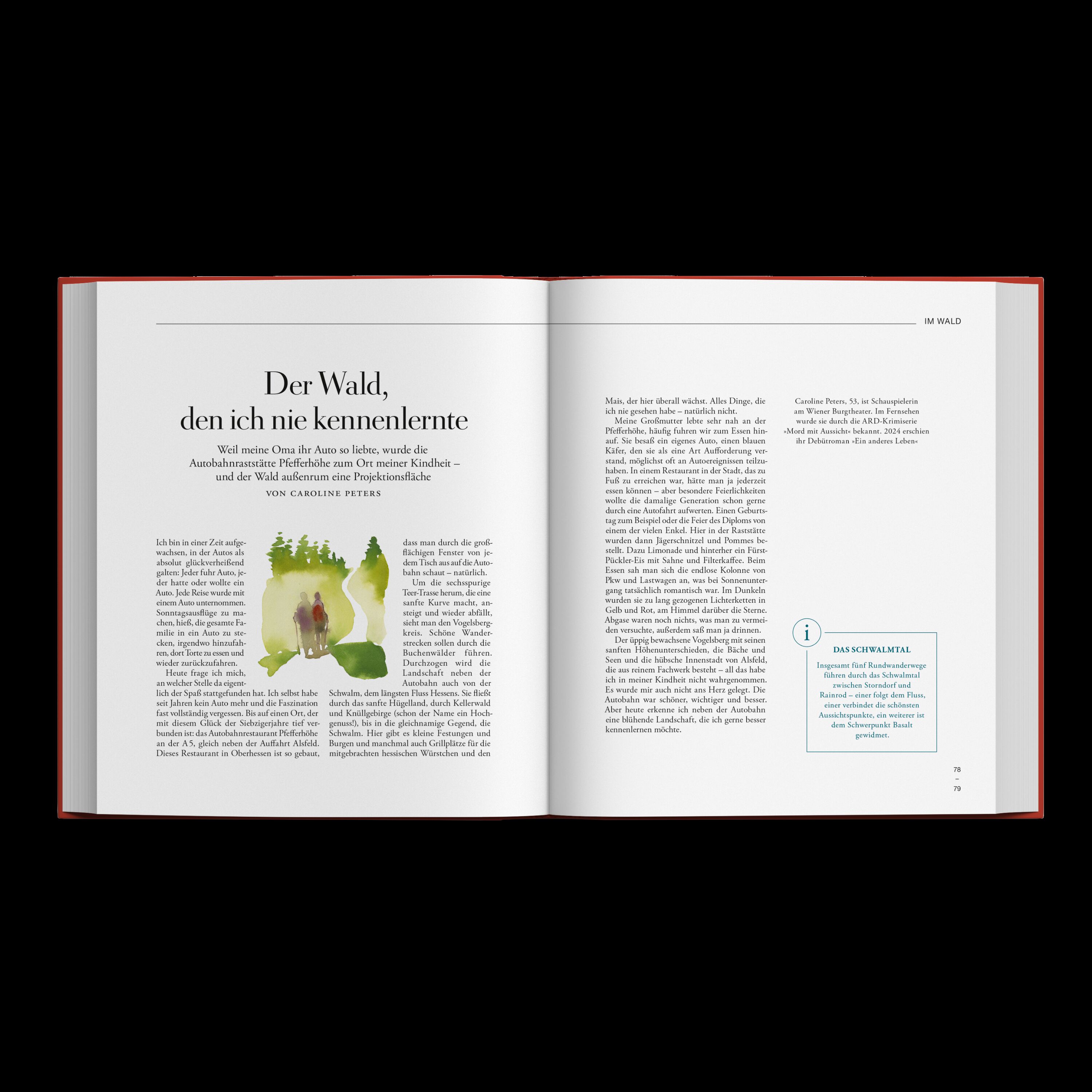 Innenansicht des aufgeschlagenen ZEIT-Edition-Buchs »Hin und weg! 77 Lieblingsorte in Deutschland«. Zwei Buchseiten mit schwarzem Text auf weißem Grund, links eine grüne Illustration von Wanderern im Wald. Klare, hochwertige Gestaltung mit Lesebändchen.