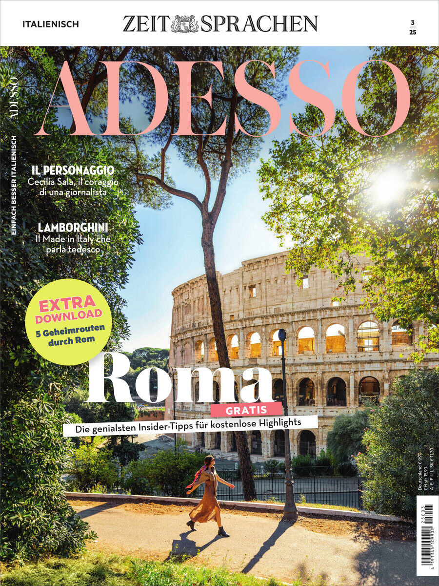 Cover des Adesso Magazins 3/2025 mit einem Bild des Kolosseums in Rom, umgeben von Bäumen. Eine Person spaziert im Vordergrund. Oben steht der Titel 'ADESSO' in rosa Buchstaben.
