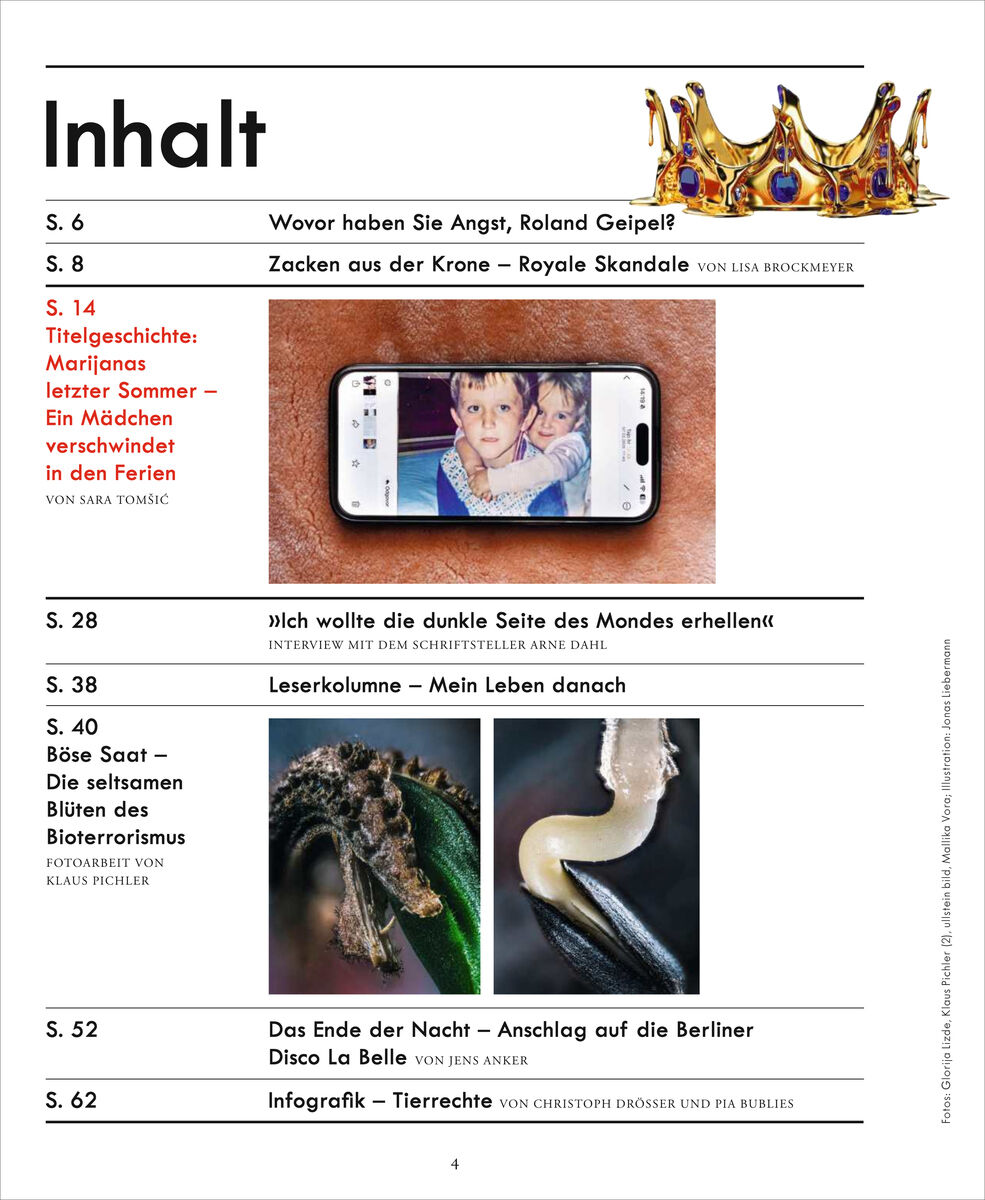 Detailreiches Inhaltsverzeichnis einer ZEIT VERBRECHEN-Ausgabe mit schwarzer Überschrift, verschiedenen Textabschnitten und Farbakzenten. Enthält Fotos: ein Handy mit einem verschwundenen Mädchen, eine Insektenaufnahme und eine Nahaufnahme eines Tierskeletts. Oben rechts eine goldene Krone.