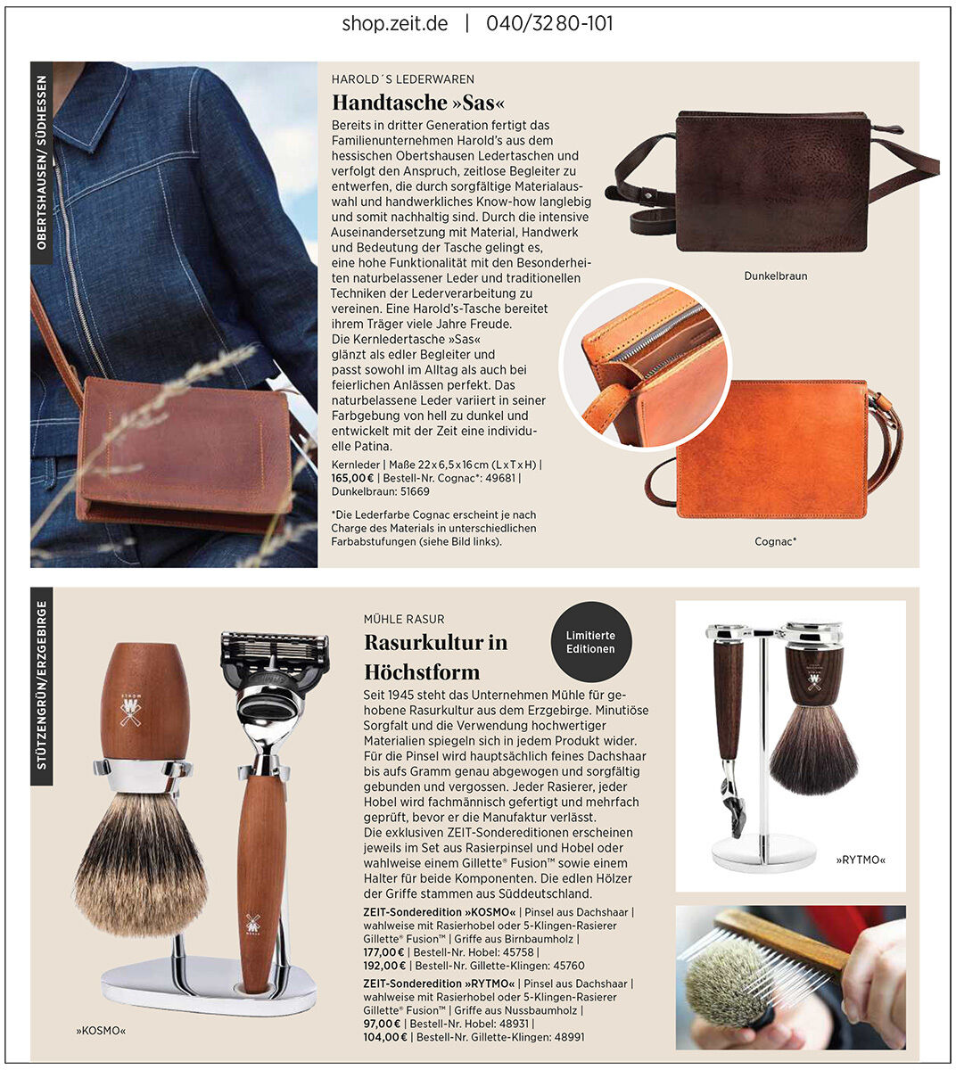 Ausschnitt aus dem Katalog 'Manufakturen 1' von DIE ZEIT: Oben Lederhandtaschen in Braun- und Cognactönen, Detailaufnahme eines Reißverschlusses, anschauliche Trageweise. Unten: Rasier-Set mit Rasierpinsel und Rasierer mit Holzgriff auf Metallständer, weitere Produktabbildungen.