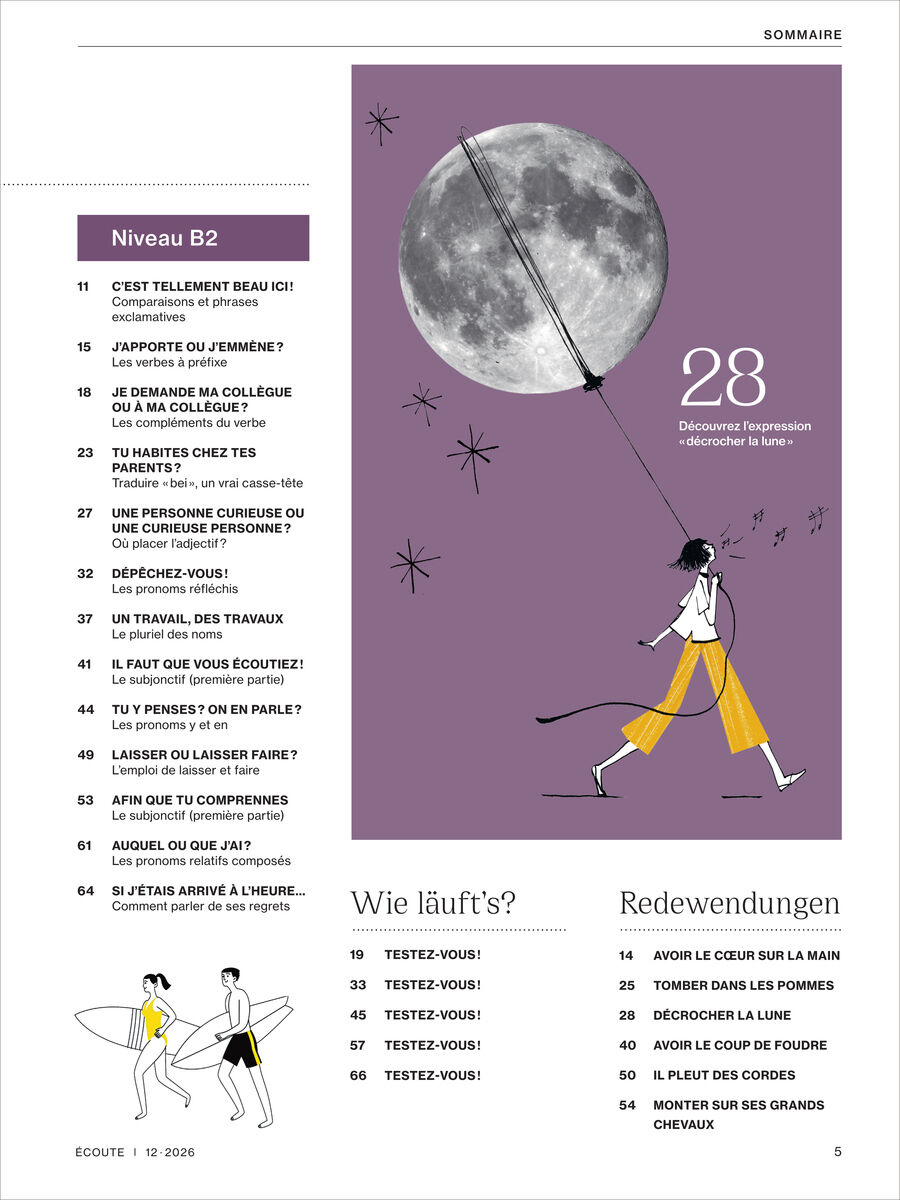 In der Mitte eine große violette Fläche mit einem Mond und einer Frau, die an einer langen Schnur spaziert, als würde sie den Mond wie einen Ballon halten. Links daneben steht das Niveau B2 und ein thematisch strukturierter Inhalt des Écoute Magazin 12/2026. Unten links zwei gezeichnete Figuren mit Surfbrett.
