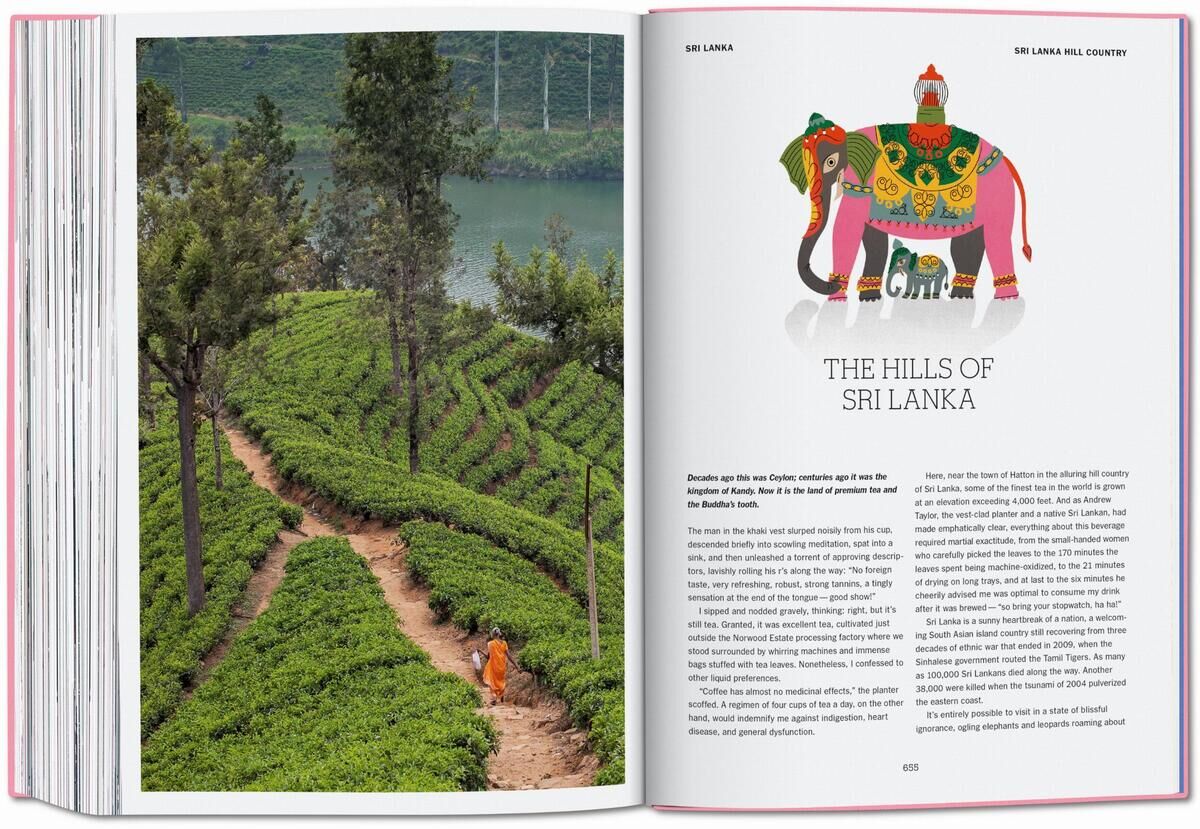 Das Bild zeigt eine aufgeschlagene Seite des Buches 'The New York Times Explorer. 100 Reisen rund um die Welt', welches einen farbenfrohen Elefanten und die grünen Hügel von Sri Lanka darstellt.