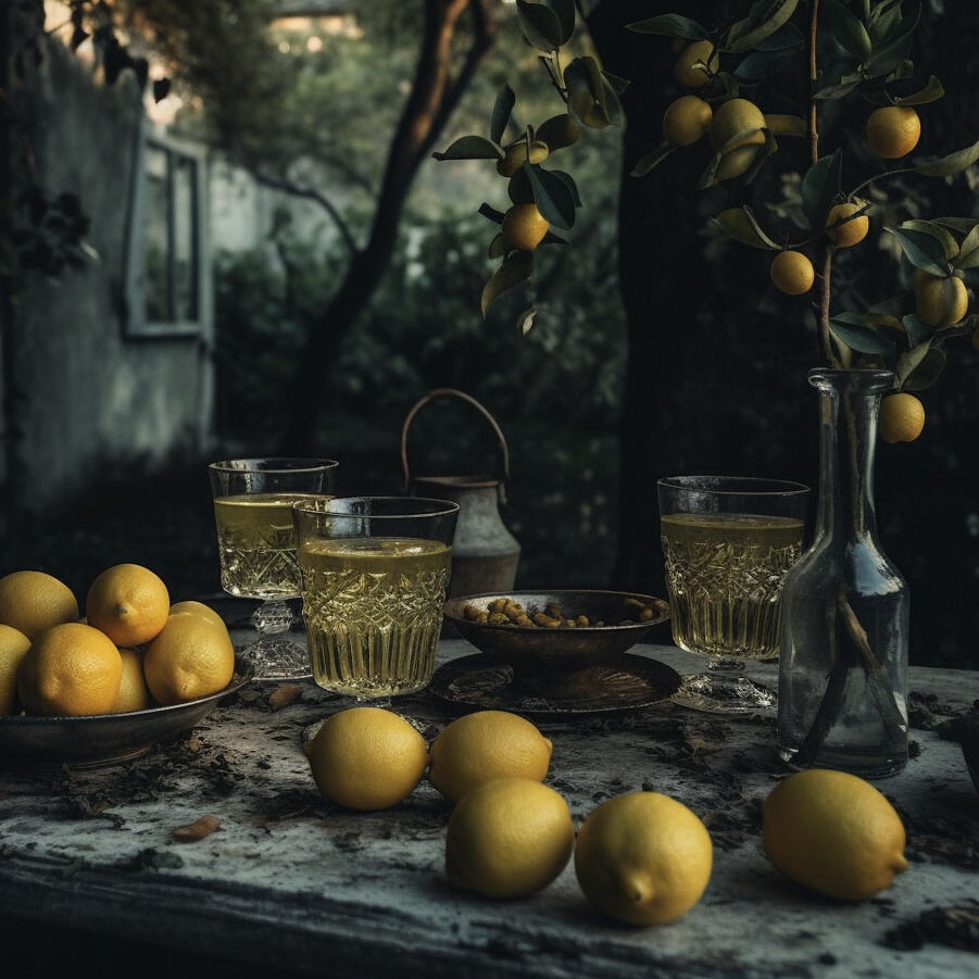 Eine stimmungsvolle Szene mit einem Tisch im Freien, auf dem sich ein Glas und eine Karaffe mit Gin-Zitronenlikör befinden, umgeben von frischen Zitronen und einem Zitronenbaum im Hintergrund.