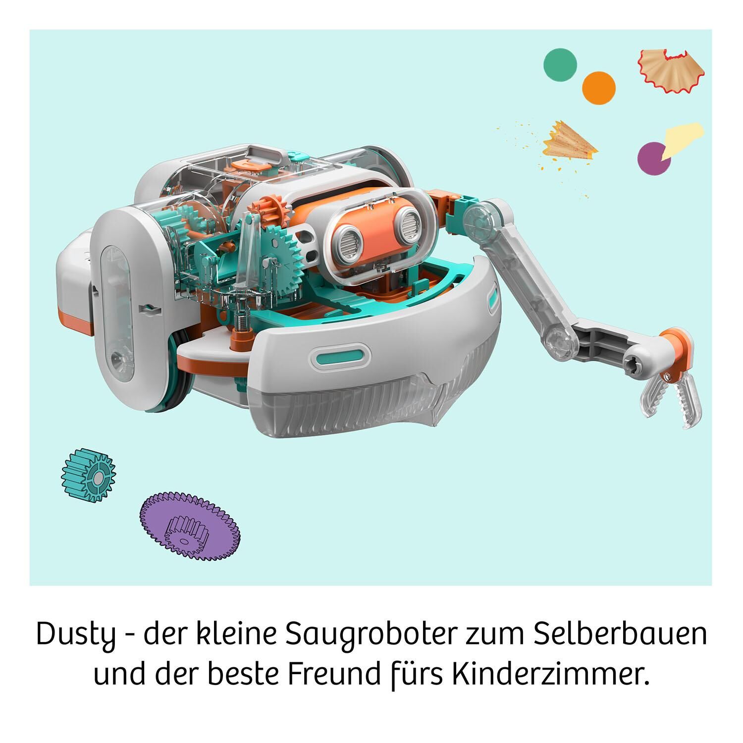 Bild eines DIY Staubsaugerroboters 'Dusty', geeignet zum Selberbauen, abgebildet mit mehreren Komponenten wie Rädern und einem Arm in den Farben Weiß, Türkis, Orange und Grau, geeignet für Kinderzimmer.