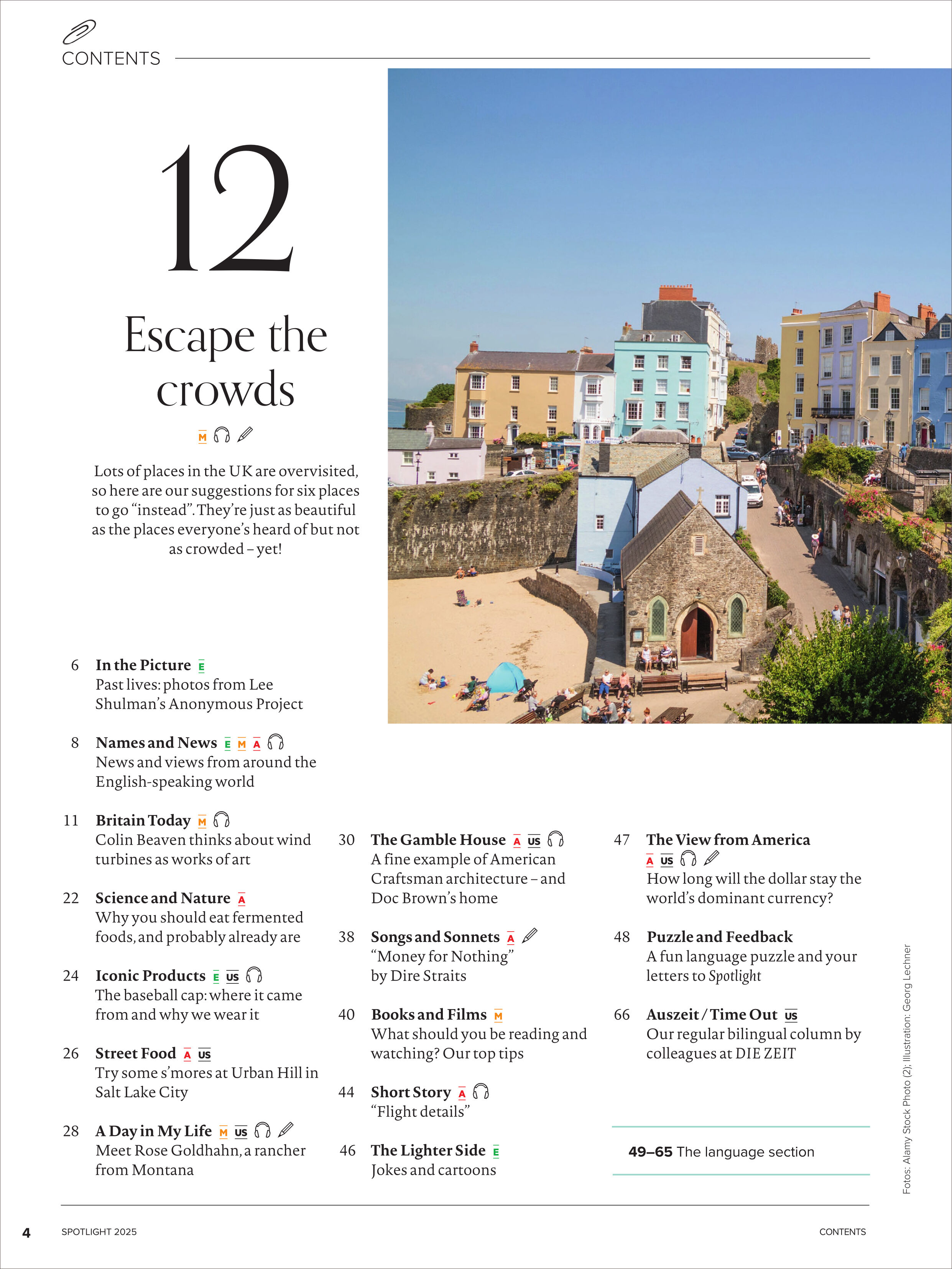 Titelblatt des Spotlight Magazin 9/2025 mit dem Schwerpunkt auf dem Thema Reisen in weniger bekannte Orte Großbritanniens. Das Cover zeigt eine malerische Küstenstadt mit bunten Häusern, einem hellen Sandstrand und vielen Menschen, die den Tag am Meer genießen. Die farbenfrohe und lebendige Szene unterstreicht die Urlaubs- und Entdeckungsatmosphäre des Magazins.