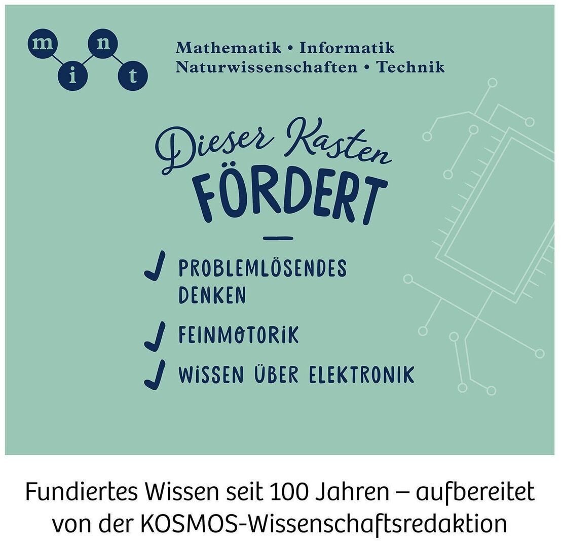 Ein Poster mit den Überschriften: Mathematik, Informatik, Naturwissenschaften und Technik. Darunter steht: Dieser Kasten fördert problemlösendes Denken, Feinmotorik und Wissen über Elektronik. Im unteren Bereich des Posters steht: Fördertes Wissen seit 100 Jahren - aufbereitet von der KOSMOS-Wissenschaftsredaktion.