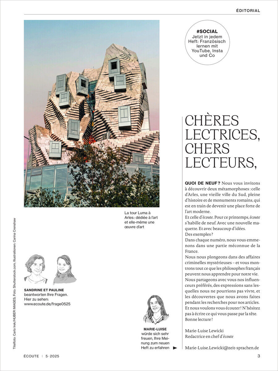 Das Cover des Écoute Magazins 5/2025 zeigt ein interessantes Gebäude mit moderner Architektur im Hintergrund, umgeben von Bäumen. Es gibt Textinhalte, die eine Einführung und Begrüßung an die Leser enthalten. Die allgemeine Farbpalette umfasst Beige, Weiß, Schwarz, Blau, Grün und Rosa.