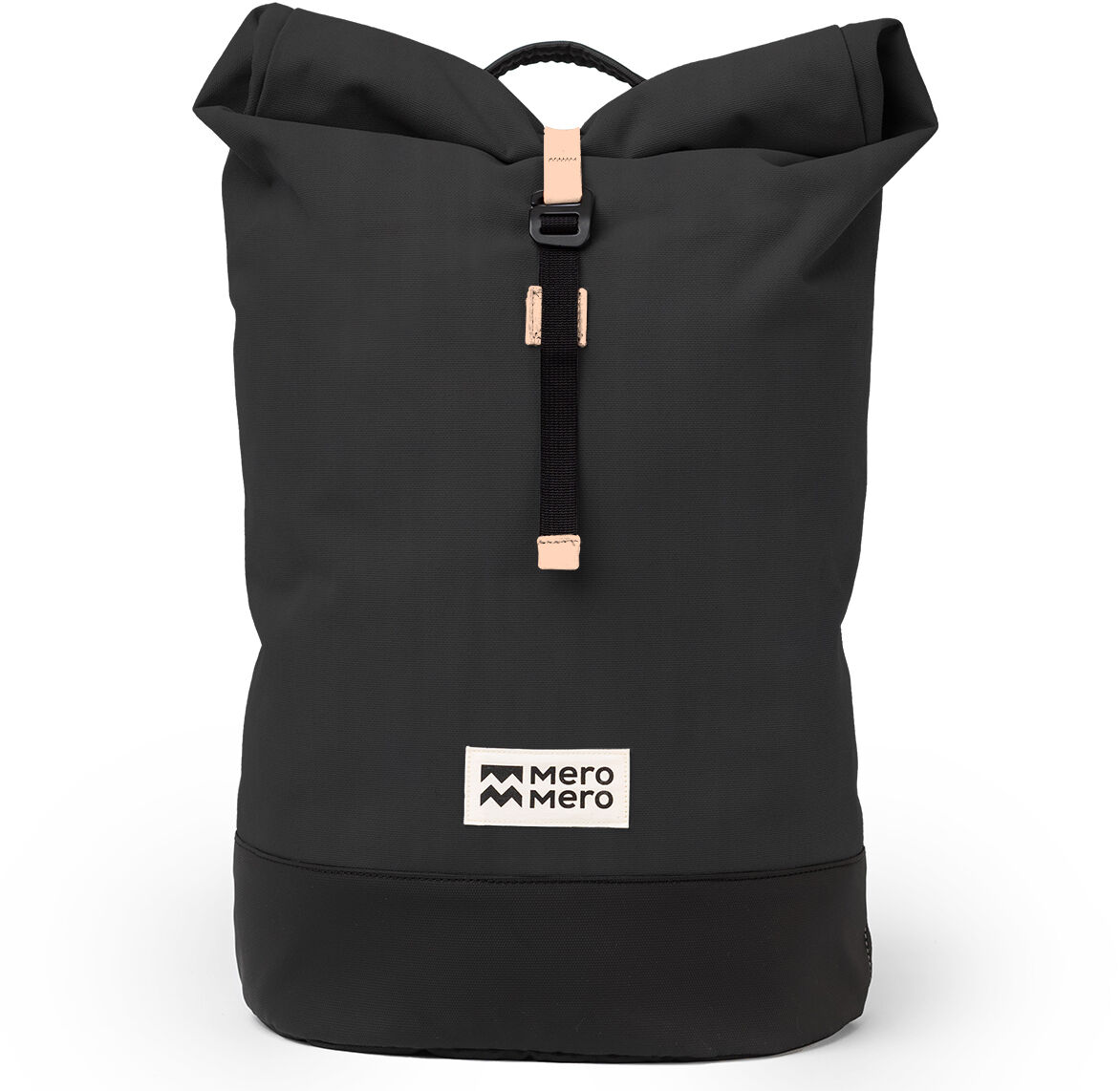 Schwarze Fahrradtasche/Rucksack »Annecy« von MeroMero, aufrecht stehend, mit beigen Details und MeroMero-Logo auf weißem Hintergrund.
