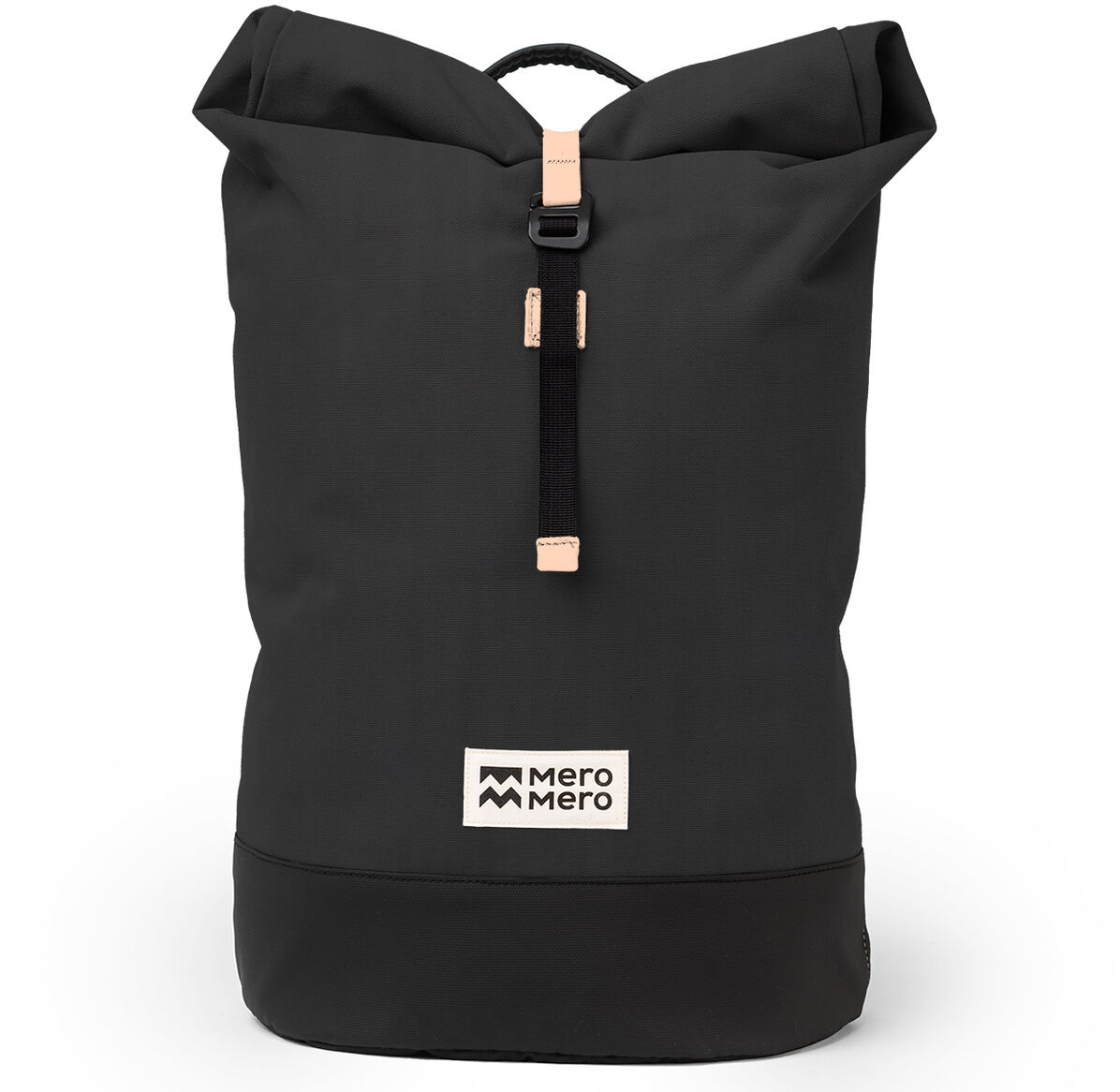 Schwarze Fahrradtasche/Rucksack »Annecy« von MeroMero, aufrecht stehend, mit beigen Details und MeroMero-Logo auf weißem Hintergrund.