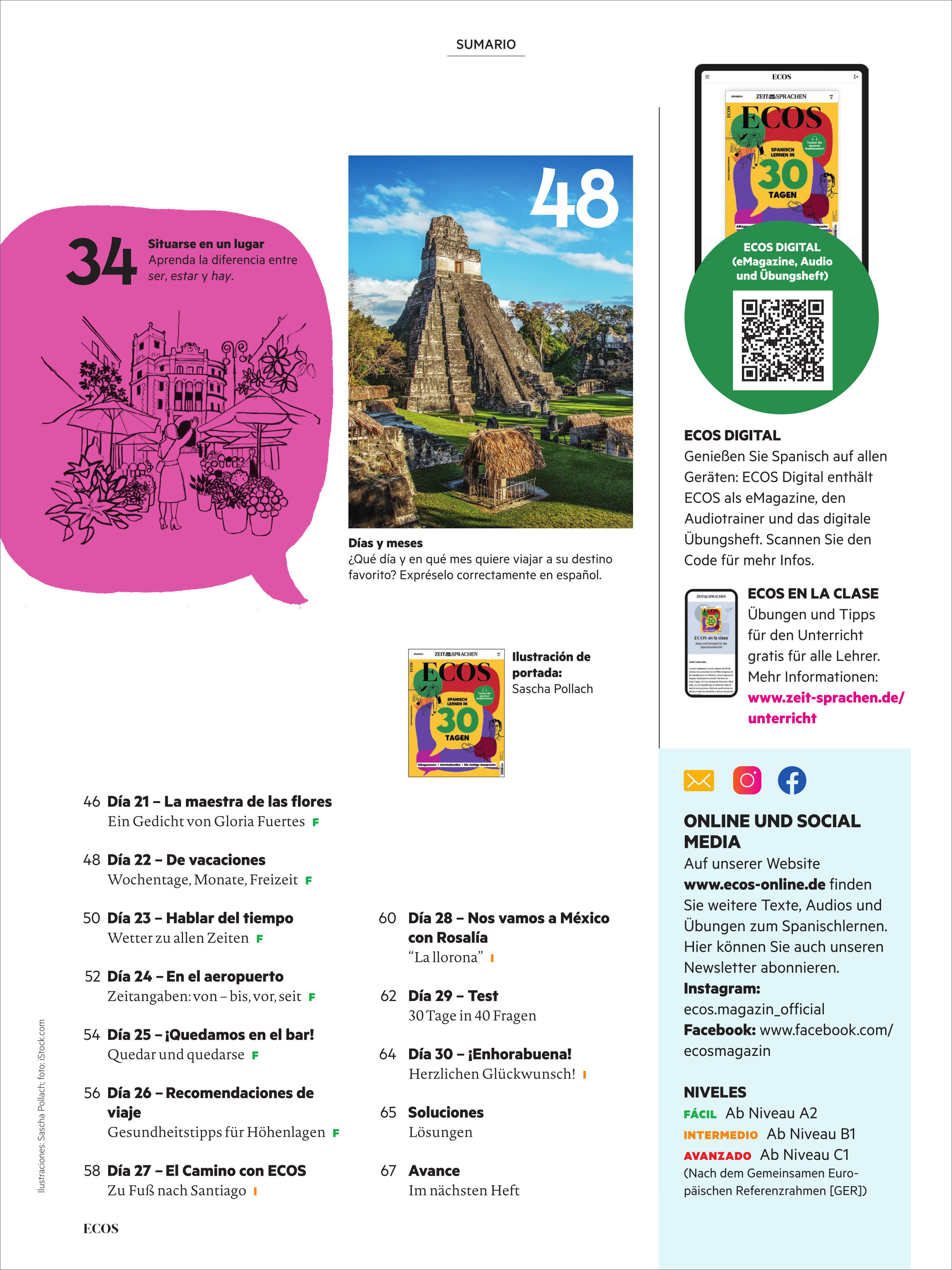 Titelblatt und Inhaltsverzeichnis einer Sonderausgabe des Ecos Magazins mit Schwerpunkt Spanisch lernen und Kultur Lateinamerikas. Enthalten sind eine große Illustration einer historischen Stätte, farbige grafische Elemente sowie Inhalte zum Spanischunterricht. Das Bild informiert über das Magazin, die Ausgabe und digitale Angebote für Sprachinteressierte.