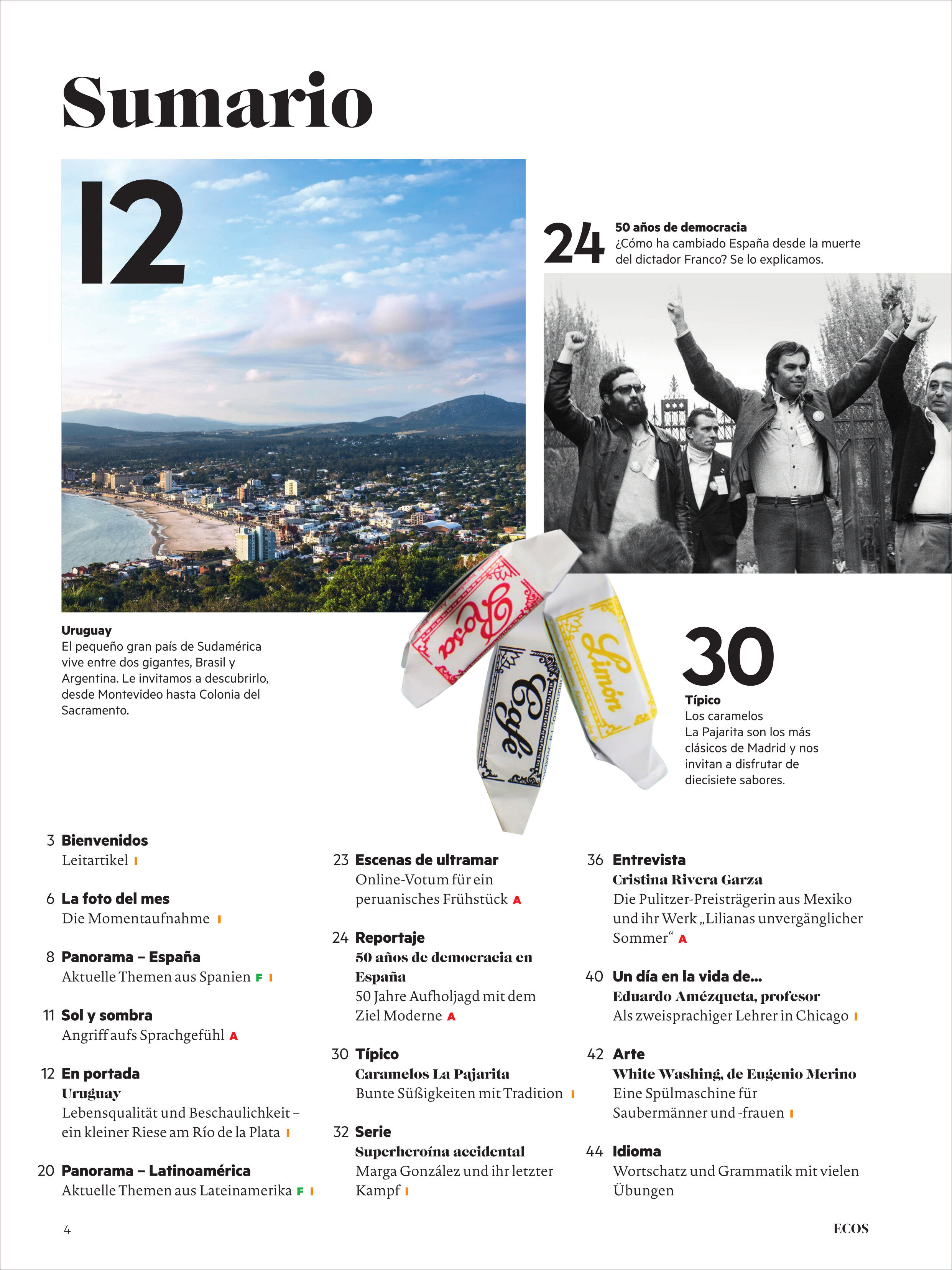 Das Inhaltsverzeichnis des Ecos Magazins zeigt eine Übersicht der Themen wie Uruguay, 50 Jahre Demokratie in Spanien und vielfältige Artikel über Sprache und Kultur. Ein Farbfoto von der Küste, ein s/w-Bild jubelnder Männer und drei Bonbons in Pastellfarben ergänzen das Layout.