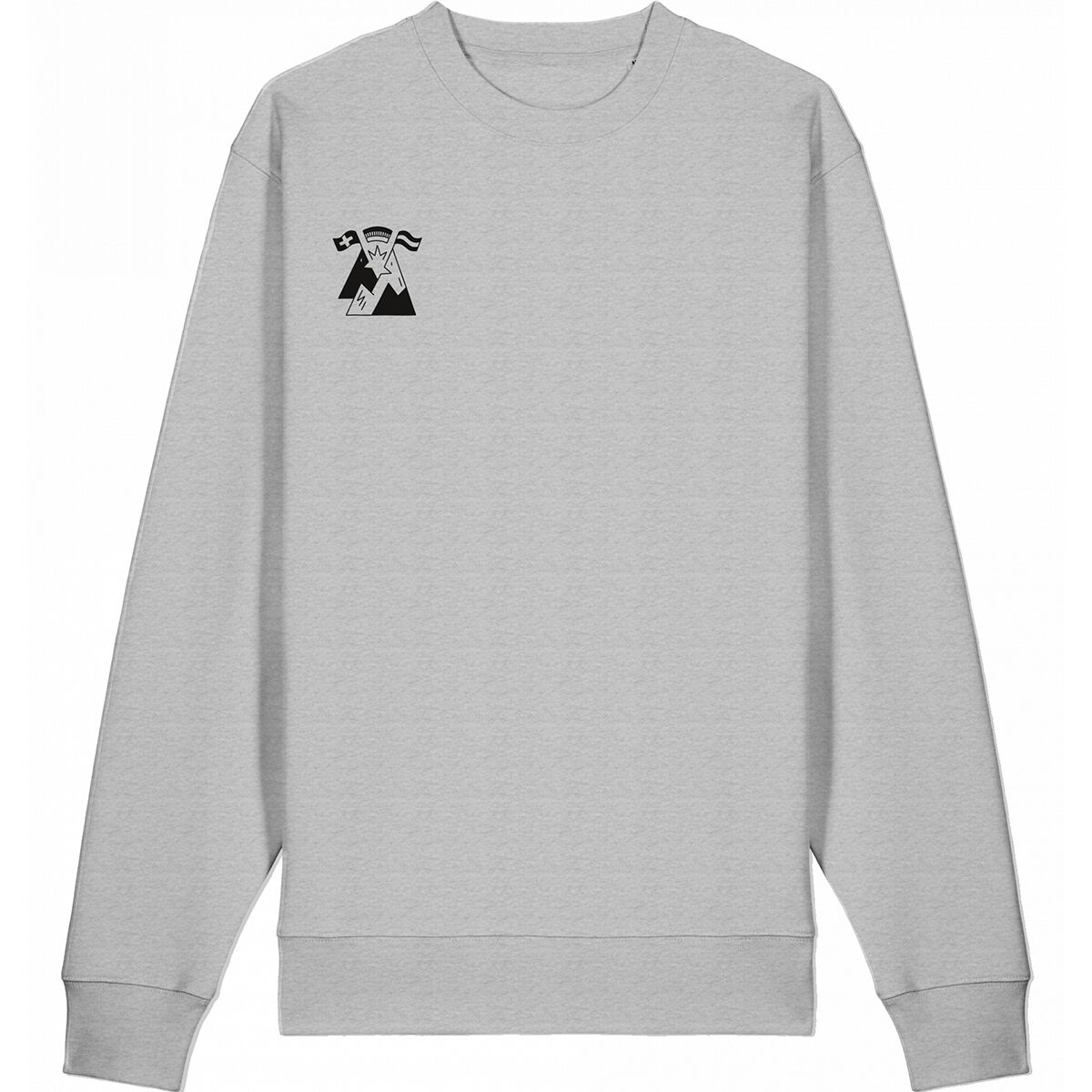 Hellgrauer Sweatshirt-Pullover mit kleinem schwarzen Print links auf der Brust. Das Motiv zeigt drei stilisierte Personen mit Fahnen und den Worten »Servus. Grüezi. Hallo.«, die für deutschsprachige Länder stehen. Das schlichte Design wirkt modern und ist für Damen und Herren geeignet.