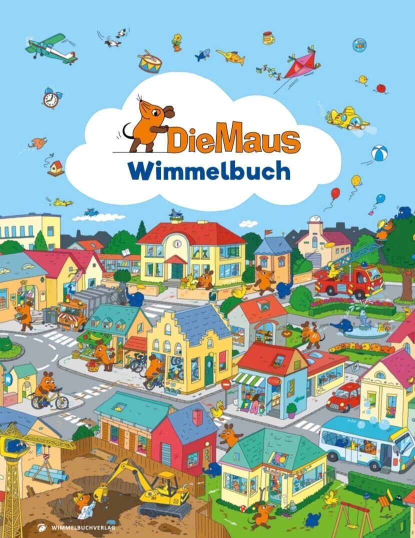 Ein farbenfrohes Wimmelbuch mit dem Titel 'Die Maus - Wimmelbuch'. Das Cover zeigt eine belebte Stadtlandschaft mit verschiedenen Gebäuden, vielen Fahrzeugen und zahlreichen bunten Details. Die Maus, eine berühmte Figur aus einer Kinderfernsehsendung, ist ebenfalls abgebildet und lädt Kinder zu einer Entdeckungsreise ein.