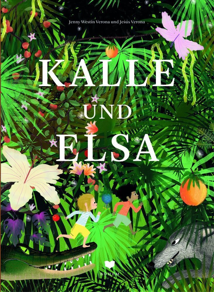 Buchcover von 'Kalle und Elsa' zeigt eine farbenfrohe Dschungelszene mit vielen grünen Pflanzen, Tieren und zwei spielenden Kindern.