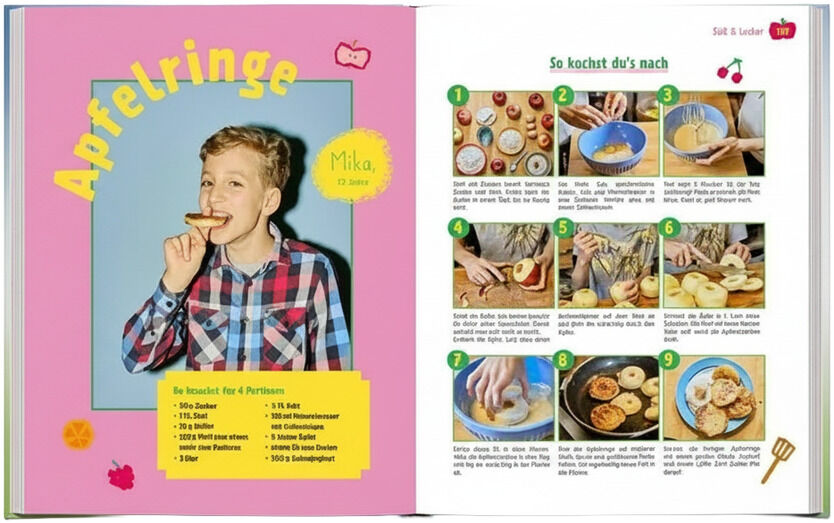 Doppelseite aus dem Kinderkochbuch »ZEIT LEO – Heute koch ich kunterbunt!« mit Rezept für Apfelringe. Links ein lachender Junge, darunter Zutatenliste. Rechts bebilderte Schritt-für-Schritt-Anleitung, farbenfrohes, ansprechendes Layout für Kinder gestaltet.
