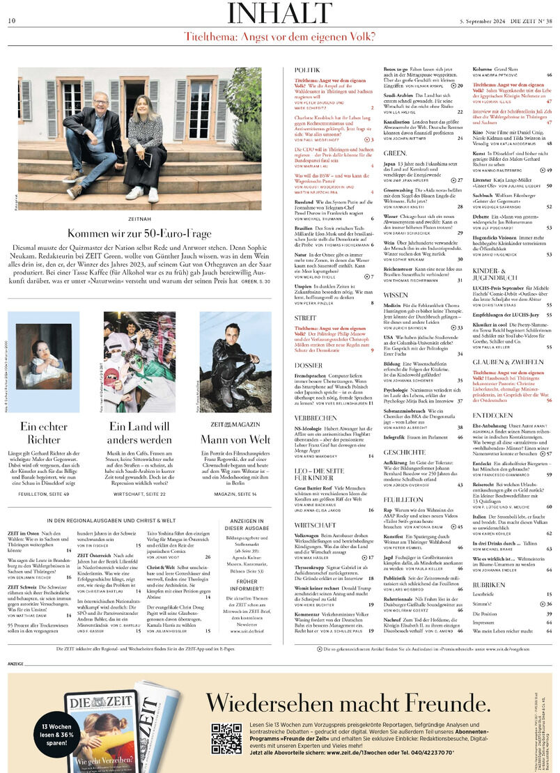 Titelblatt der Wochenzeitung 'DIE ZEIT' Ausgabe 38/2024 mit Inhalten und Artikeln zu verschiedenen Themenbereichen wie Kultur, Politik und Gesellschaft. Enthält Bilder und Textblöcke auf weißem Hintergrund.