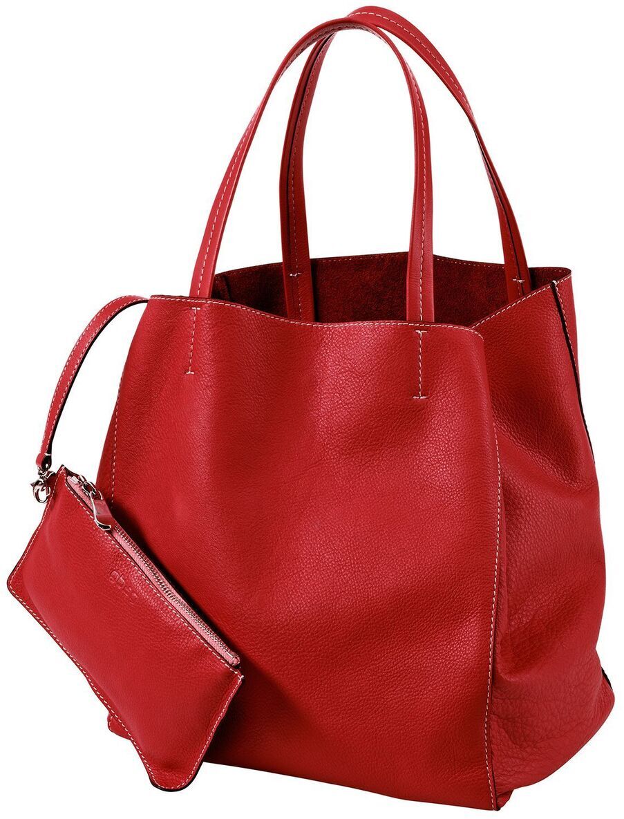 Rote Ledertasche mit Henkeln und kleinem passenden Reißverschlussetui.