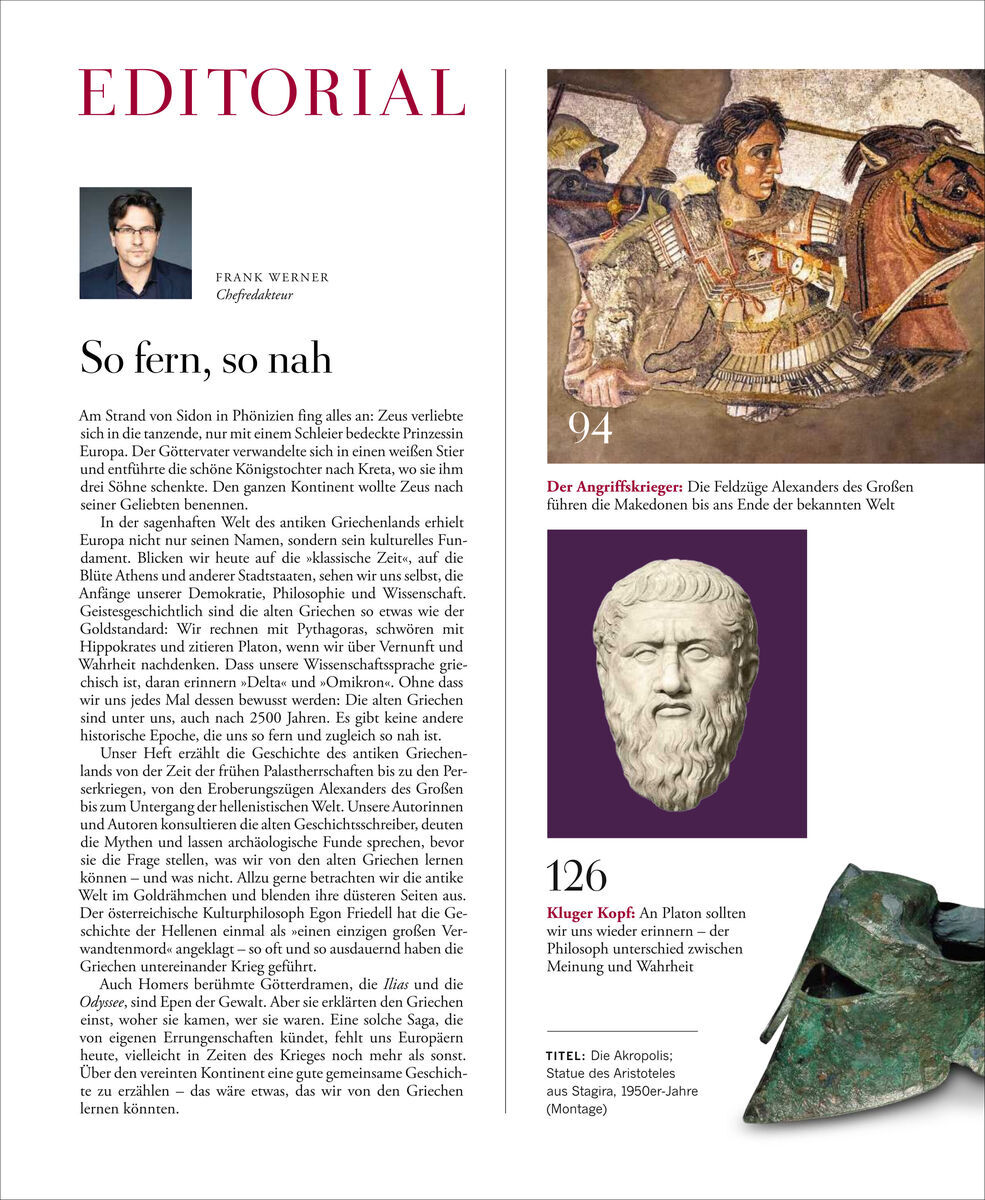 Titelblatt der Zeitschrift ZEIT GESCHICHTE 2/22 Die alten Griechen mit Editorial von Frank Werner, Abbildungen eines griechischen Kriegers, einer griechischen Statue und eines antiken Helmes.