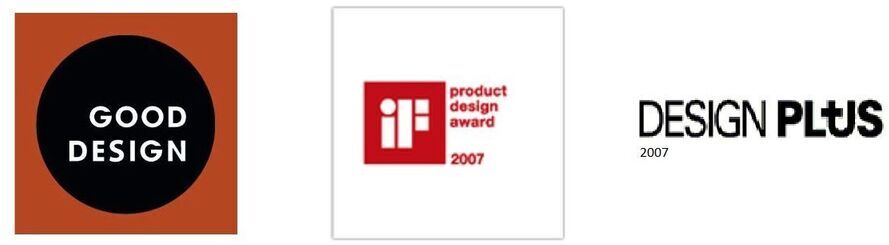 Drei Logos von Design-Auszeichnungen: Good Design, iF Product Design Award 2007 und Design Plus 2007.