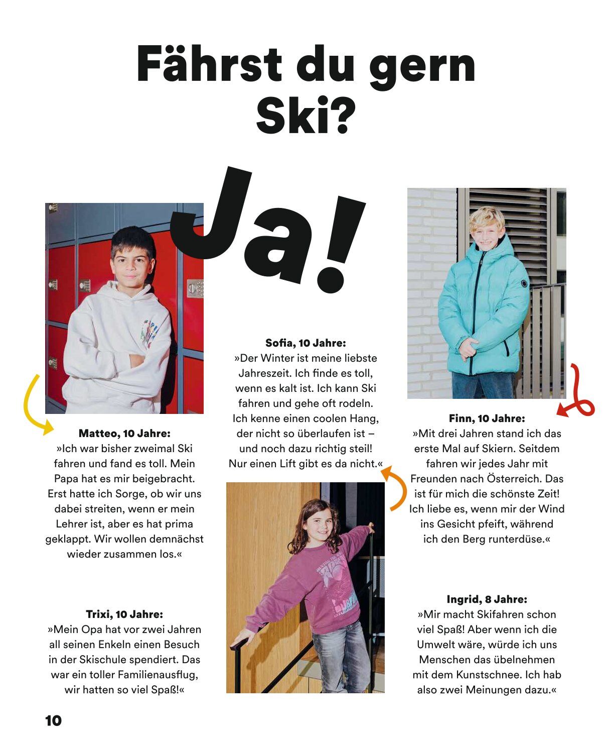 Eine bunte Magazinseite von ZEIT LEO mit der Überschrift „Fährst du gern Ski?“ und mehreren Fotos von Kindern in Winter- oder Sportkleidung. Um die Fotos sind Statements von vier Kindern abgedruckt, die ihre Meinung zum Skifahren teilen. Die Gestaltung ist fröhlich und winterlich.