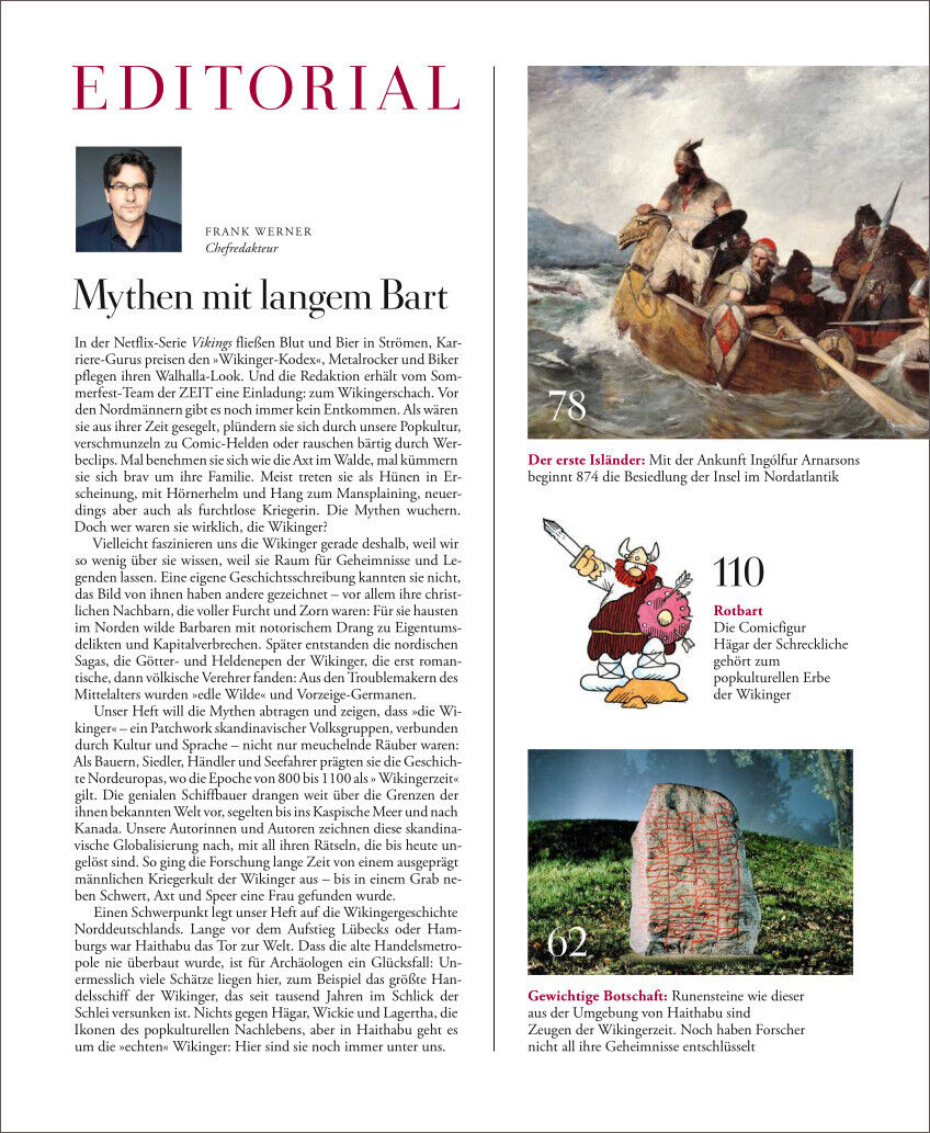 Cover einer Zeitschrift mit dem Titel 'ZEIT GESCHICHTE 3/24 Wikinger'. Oben links steht 'EDITORIAL' in roten Buchstaben, darunter ein Bild des Chefredakteurs Frank Werner. Auf der rechten Seite ist ein Bild von Wikingern in einem Boot. Darunter sind nummerierte Absätze mit Text und Bildern, die Wikinger-Mythen und -Geschichte behandeln.