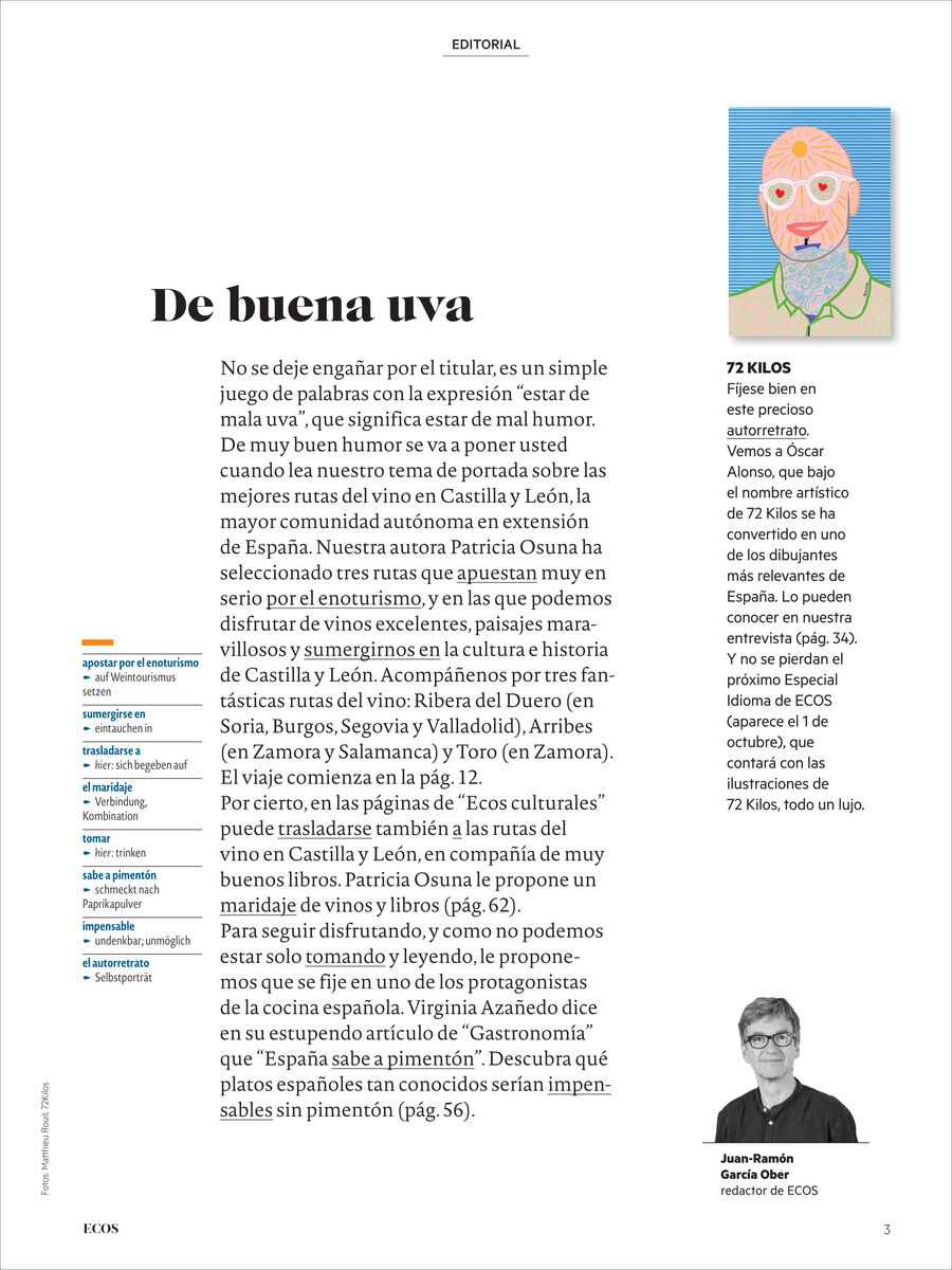 Magazinseite mit Editorialtext zu Weinrouten in Kastilien und León, links strukturierte Auflistungen und ein blaues Illustrationsporträt oben rechts. Unten rechts Autorenfoto, insgesamt klar strukturiertes Design mit schwarzen und blauen Akzenten auf weißem Grund.