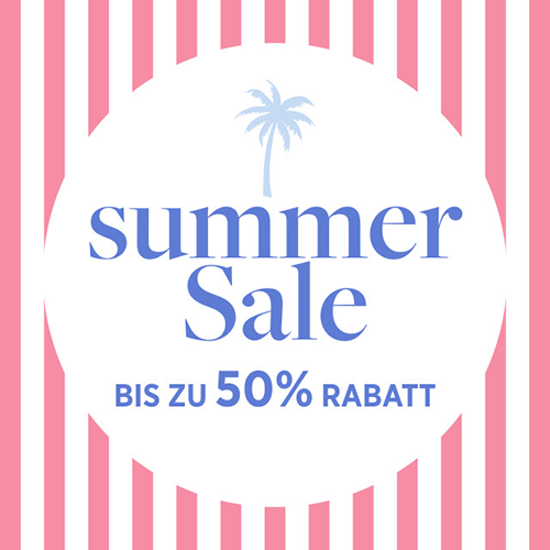 Text 'summer Sale bis zu 50% Rabatt' mit Palmen-Symbol auf weißem Kreis vor rot-weiß gestreiftem Hintergrund