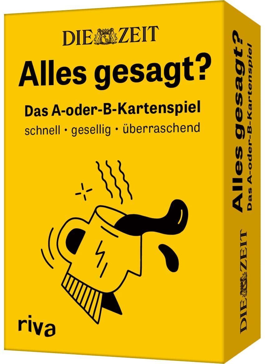 Kartenspiel 'Alles gesagt?' in schwarz-gelber Verpackung von der Marke 'Die Zeit'. Ein Gesellschaftsspiel mit A-oder-B-Fragen und einfachem Design.