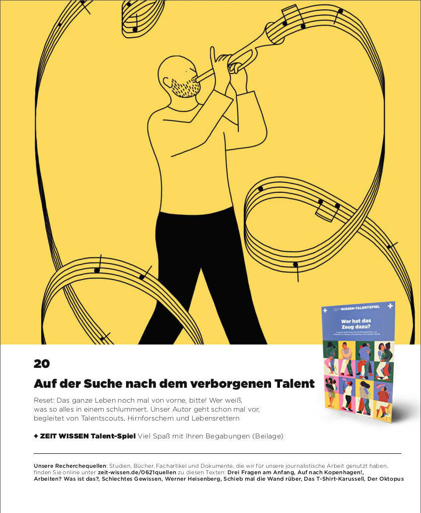 Das Cover der Zeitschrift ZEIT WISSEN 6/21 Verborgene Talente zeigt eine Illustration einer Person, die ein Fernrohr hält, umgeben von Notenlinien. Der Hintergrund ist gelb, und es gibt eine Box unten rechts auf dem Cover, die eine Serie von gemischten Farben und Bildern enthält.