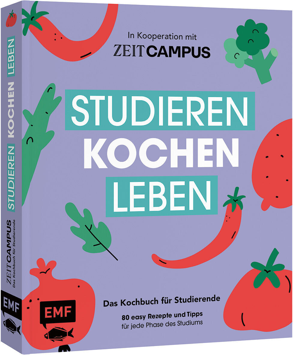 Buchcover von »Studieren, kochen, leben - Das Kochbuch für Studierende«. Vor einem lila Hintergrund sind grüne, rote und blaue Illustrationen zu sehen, darunter stilisierte Paprika, Karotten und Blätter. Auf dem Cover steht der Titel in großen, grünen Buchstaben und die Marke Zeit Campus wird erwähnt.